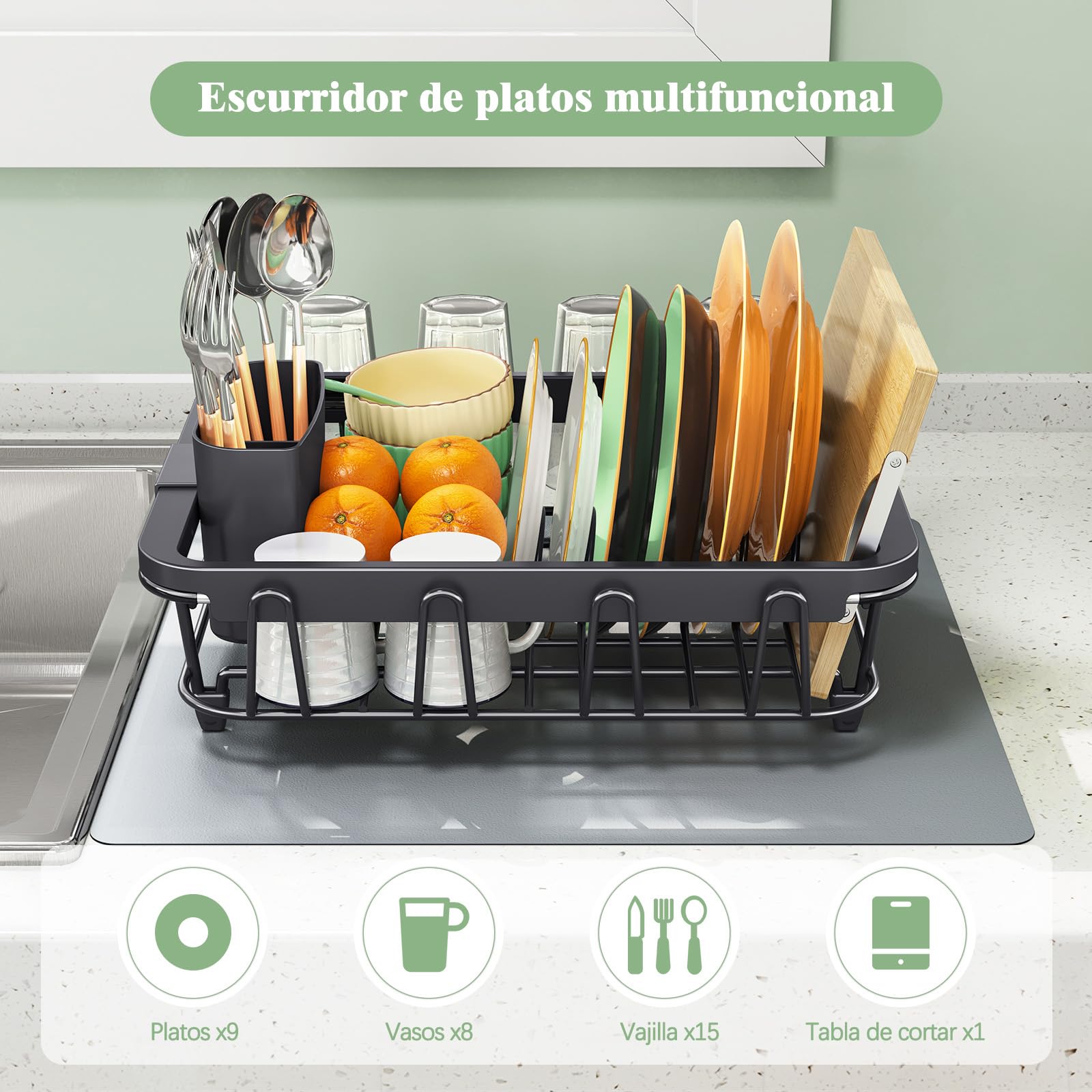 kingrack Égouttoir à Vaisselle Extensible, avec Porte-Couverts Amovible, Se Place sur L'évier ou Le Comptoir, Noir
