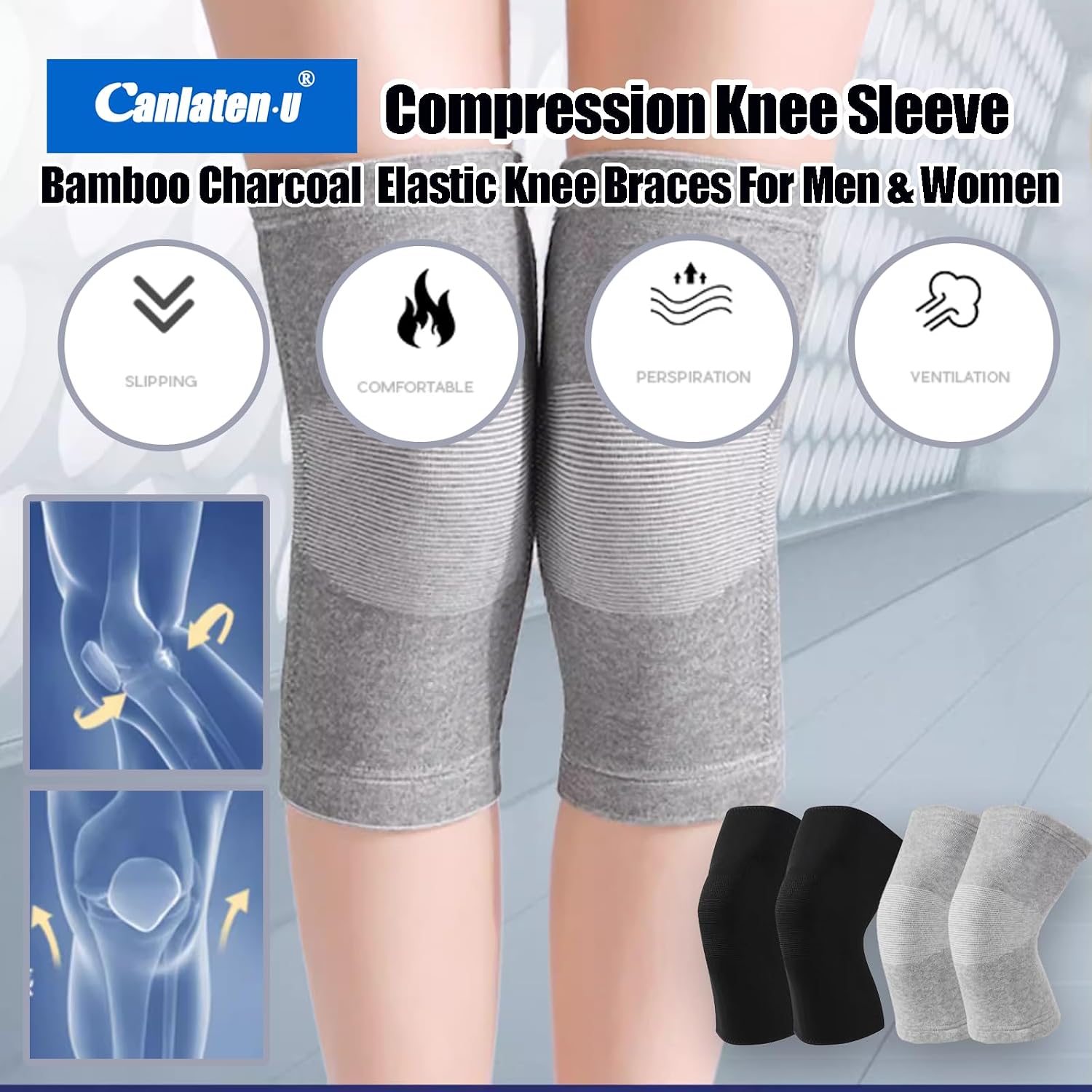 Bamboo Charcoal Compression Knee Sleeve - Elastic Knee Braces Pads Warmers Protective Knee Support for Arthritis and Runners (Gray+Black, Large)