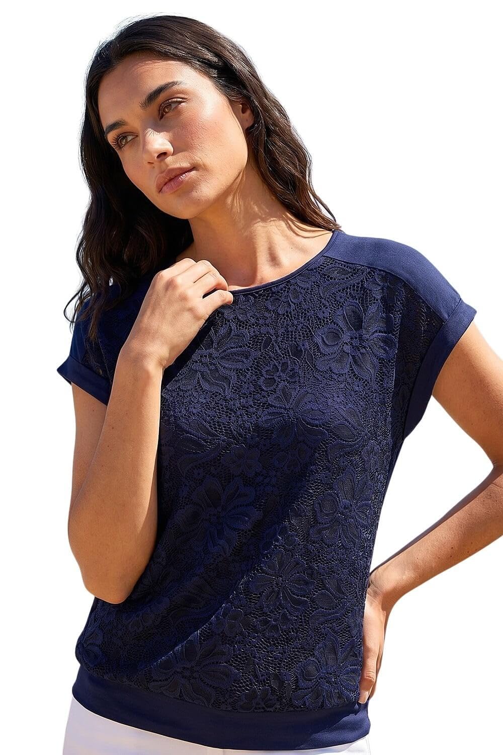 Roman Originals Lace Panel Stretch Jersey Top for Women UK - Ladies Everyday Holiday Spring Summer Round Neckline Comfy Soft Evening Vacation Work Party - Navy - Size 14