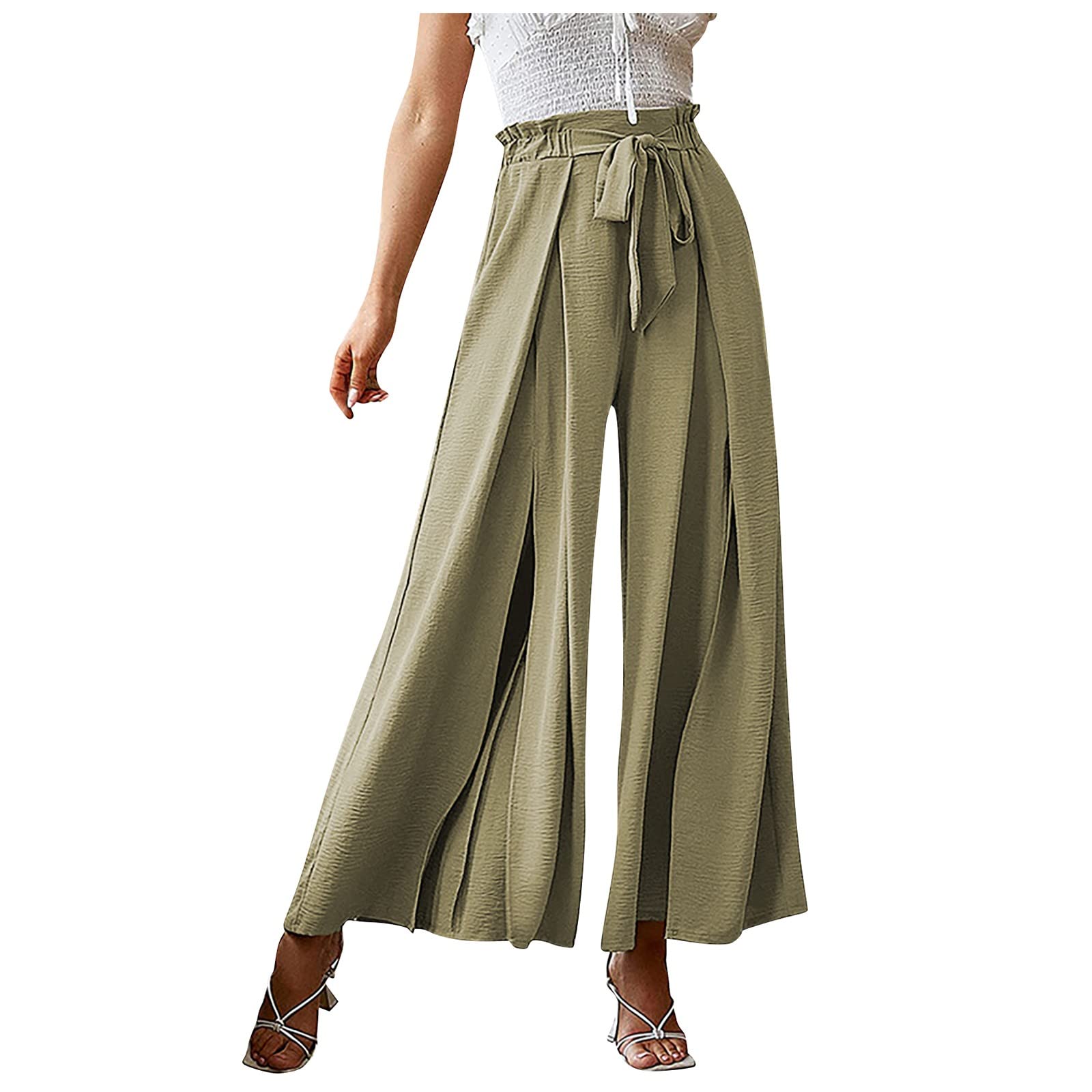 Women's Elegant Striped Split High Waisted Belted Flowy Wide Leg Pants