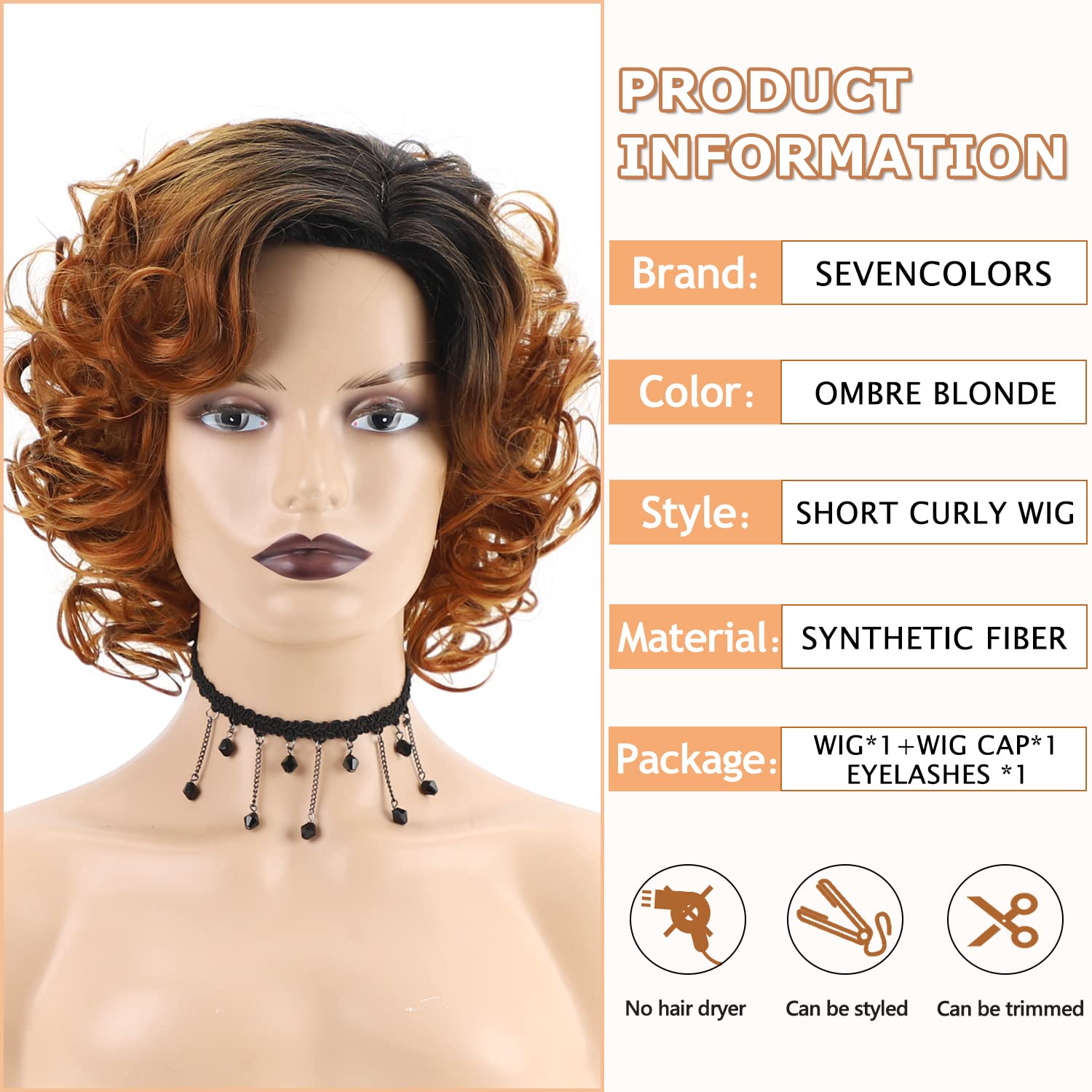 SEVENCOLORS Short Curly Glueless Synthetic Wig