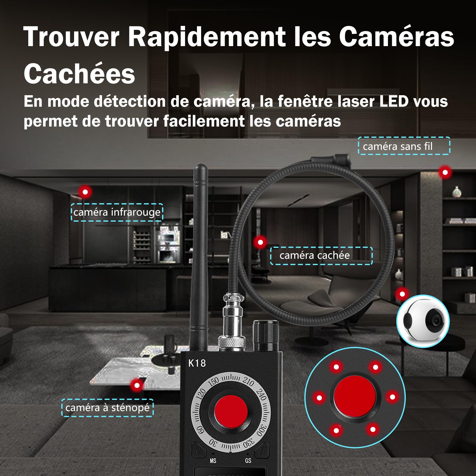 Micro Espion Détecteur, Bug Détecteur RF sans Fil, Détecteur de Micros GPS, Detecteur de Camera et Micro Espion, Détecteur de Bugs pour pour Bureau à Domicile Hôtel