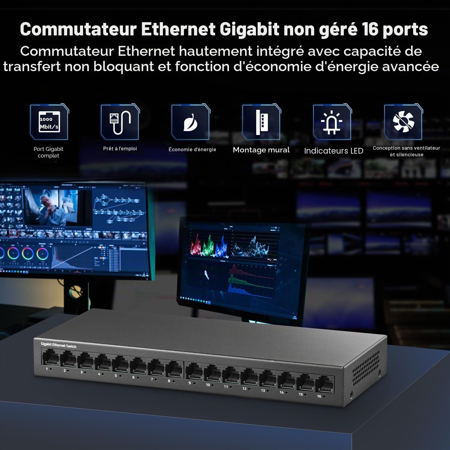 MokerLink Commutateur Gigabit Ethernet 16 ports, commutateur réseau plug-and-play non géré en métal sans ventilateur