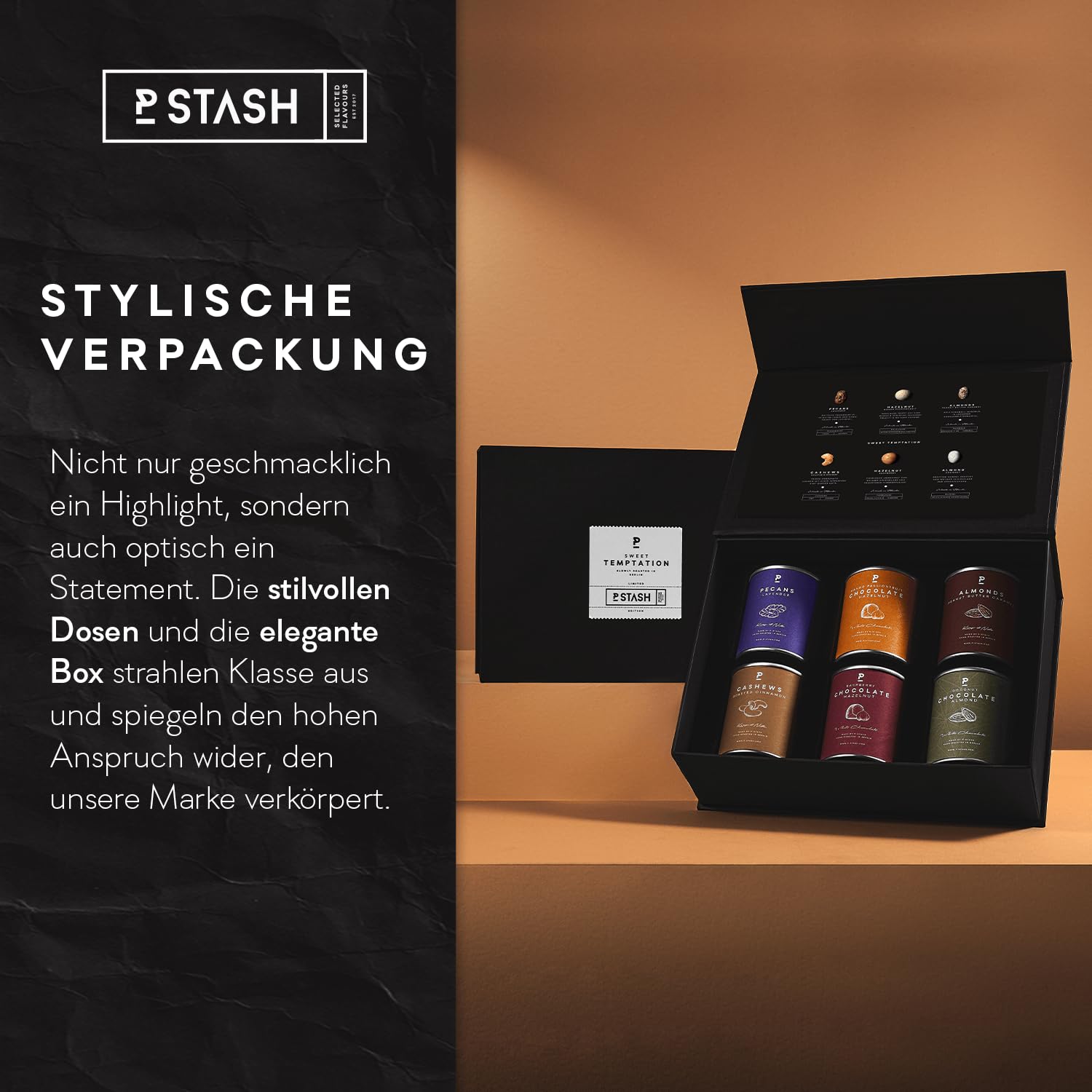 P-Stash Black Box Nussmischung Sweet Temptation - 6er Box Nüsse Mix - Pekannüsse, Haselnüsse, Mandeln & Cashews - Mixed Nuts mit einzigartigen Gewürzkombinationen, handgeröstet in Berlin