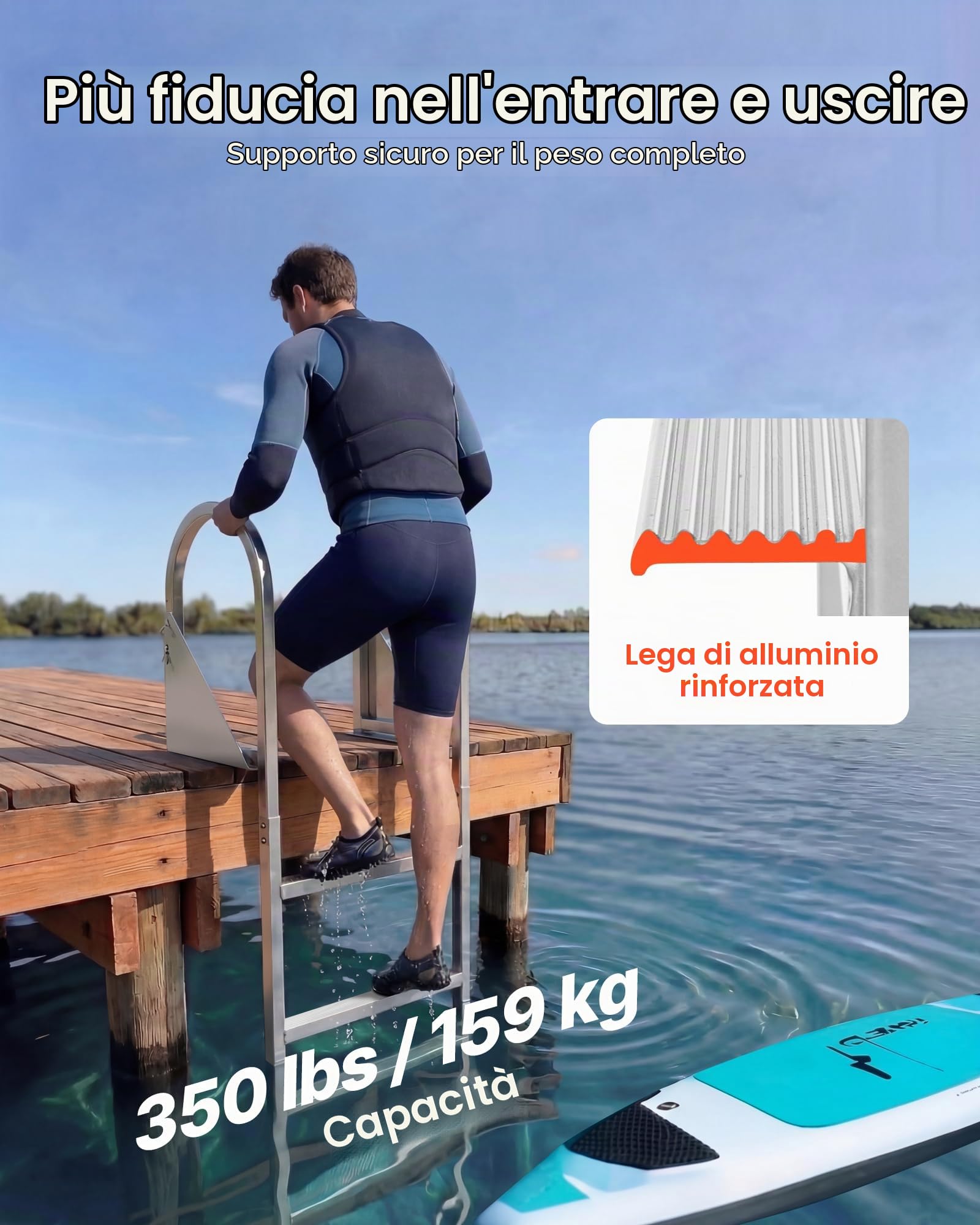 VEVOR Scaletta Ribaltabile per Molo, Scaletta Dritta da Pontile, 4 Gradini Larghi Antiscivolo, con Corda di Sollevamento, Portata Massima 159 kg, Struttura in Lega di Alluminio, per Barche a Pontone
