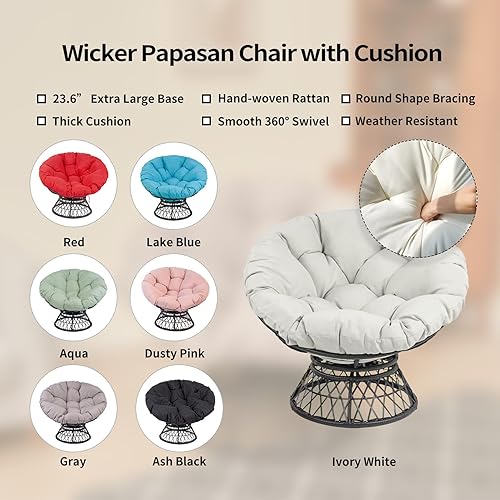 Miniatura 7 de Silla Papasan giratoria de 360, capacidad de 350 libras, silla de mimbre para interiores y exteriores con cojín grueso, silla decorativa moderna