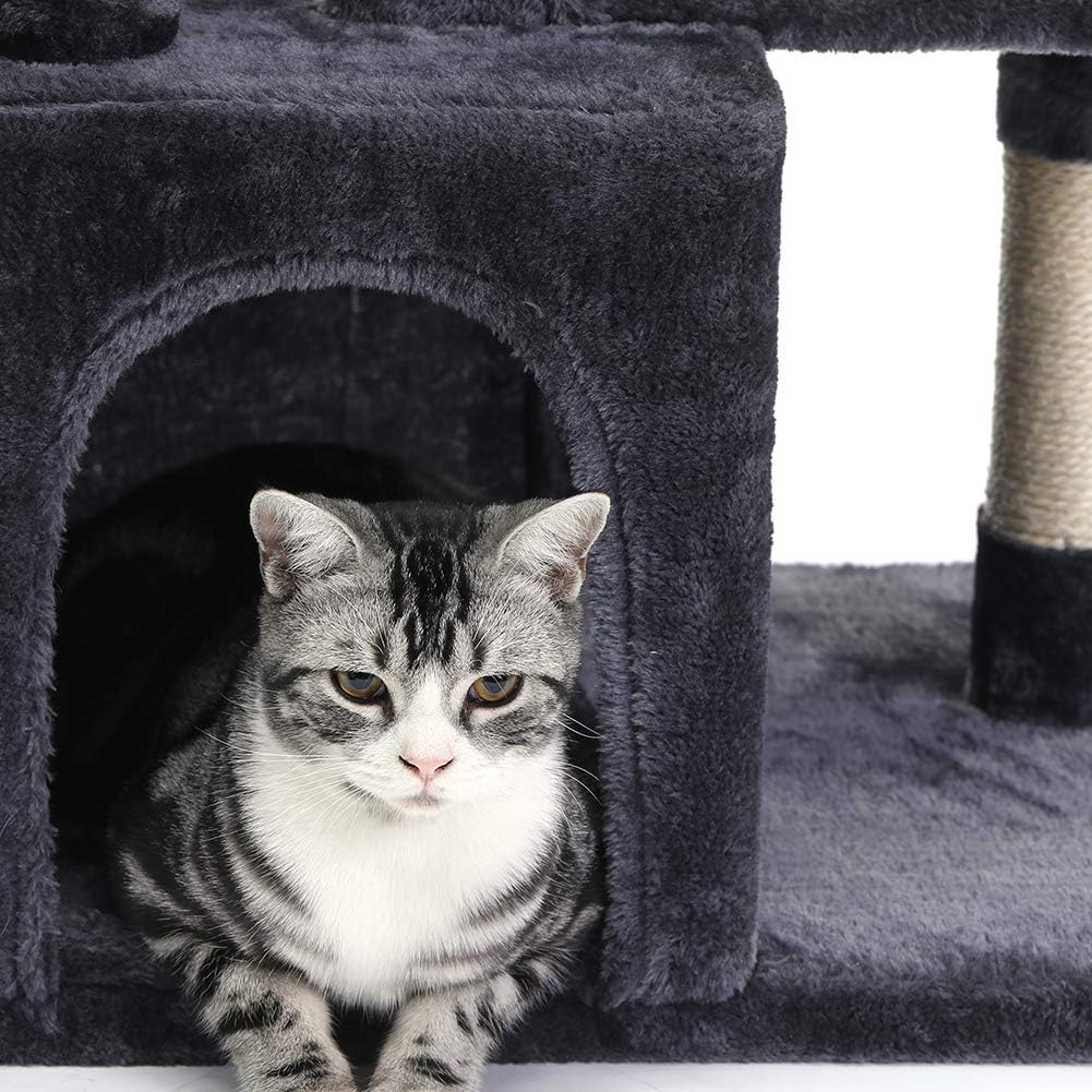 SUPERJARE Cat Tree with Plush Perch & Dangling Balls, Activity Kitten Centre Tower Equipped with Basket, Scratching Posts and Plush Condos - Dark Gray