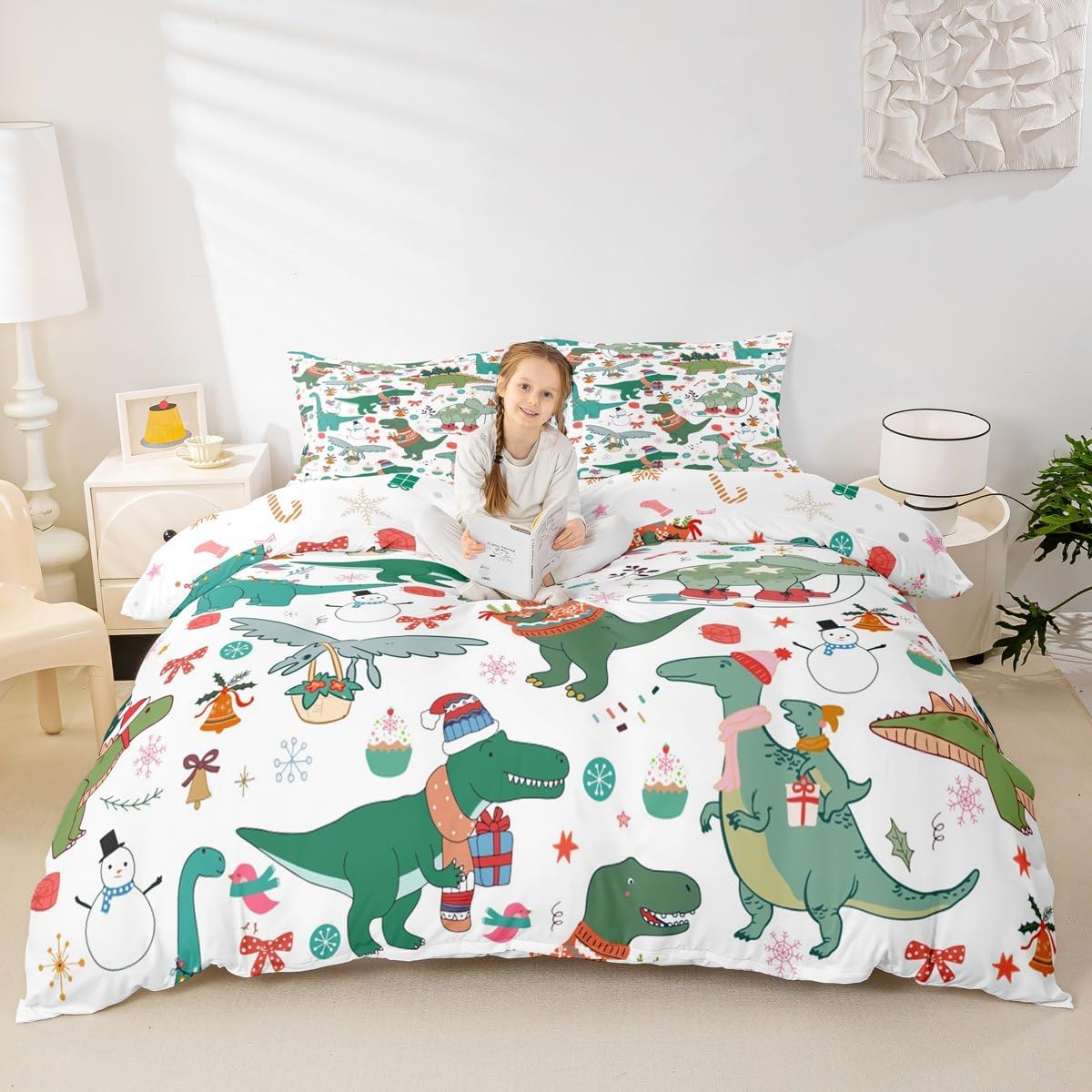 Feelyou Christmas Dinosaur Decorative Comforter Cover Twin Size Cartoon Snowman Duvet Cover Xmas Bow Snowflake Bedding Set Gifts for Kids Boys Girls 1 Pillow Case