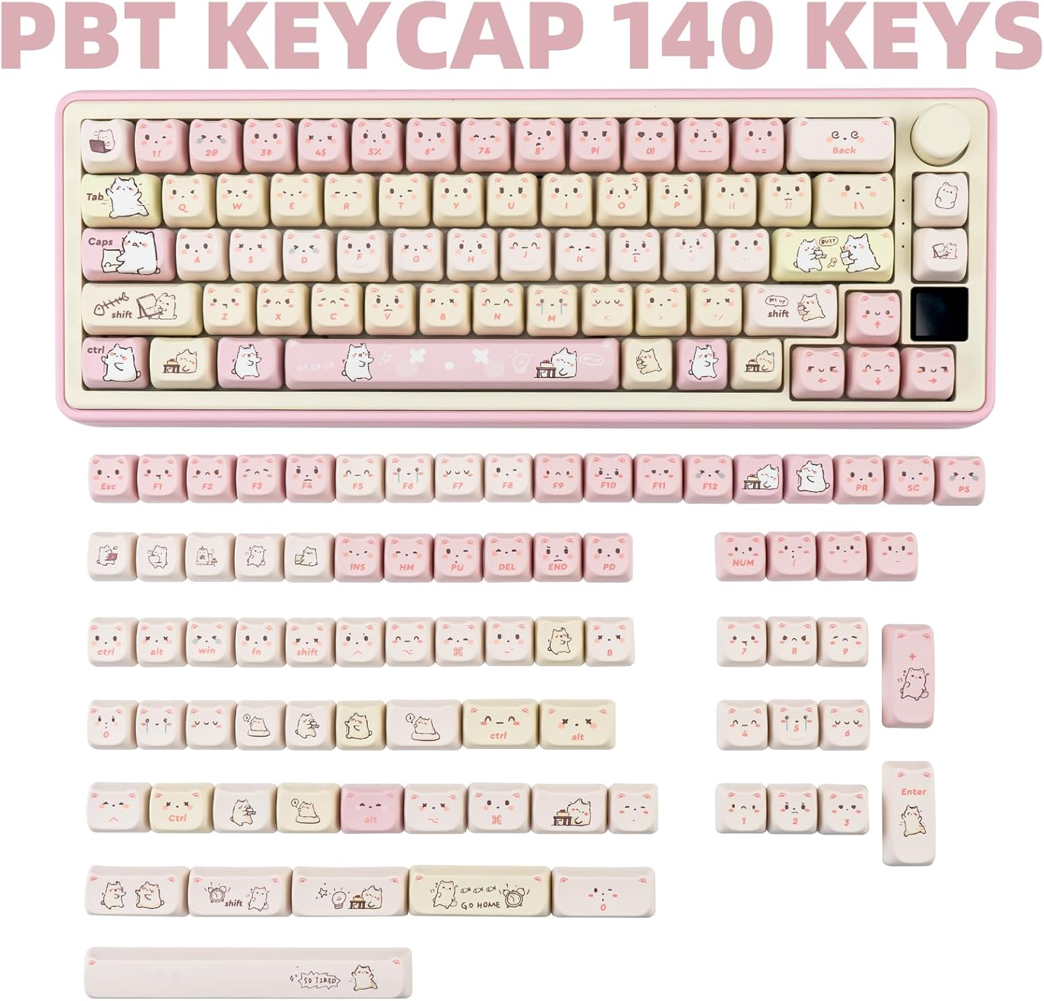 Pink Keycaps 140 Keys Dye Sub Key Cap Mao Profile Cute Cat Keycaps Custom Keyboard Key caps Set Fit for 61/64/87/104/108 Cherry Mx Switches ANSI Layout Alice Keyboard Mechanical Keyboards