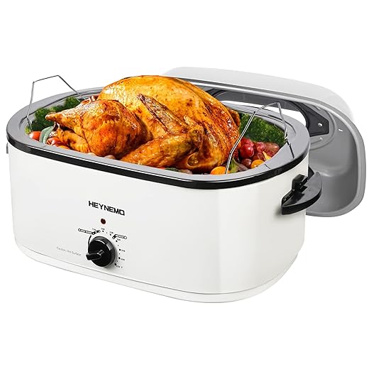 26 Quart Electric Roaster Oven with Visible & Self-Basting Lid, Large Turkey Defrost Warm Function, Adjustable Temperature, Removable Pan Rack, Stainless Steel, White