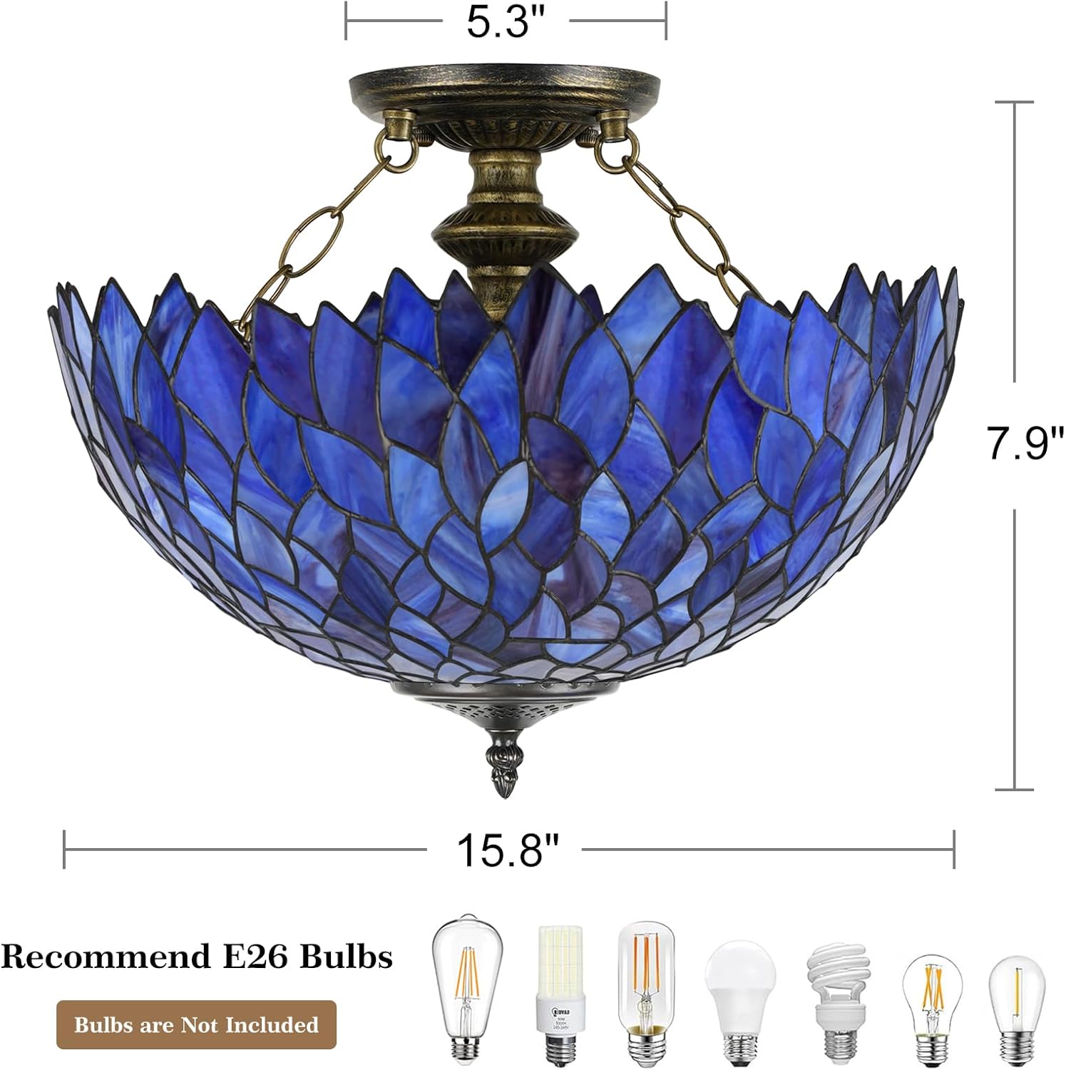 Ceiling Light Fixture Stained Glass Lamp 16X15 Inch Semi Flush Mount Lamp Chandelier for Home(Purple Wisteria Style)