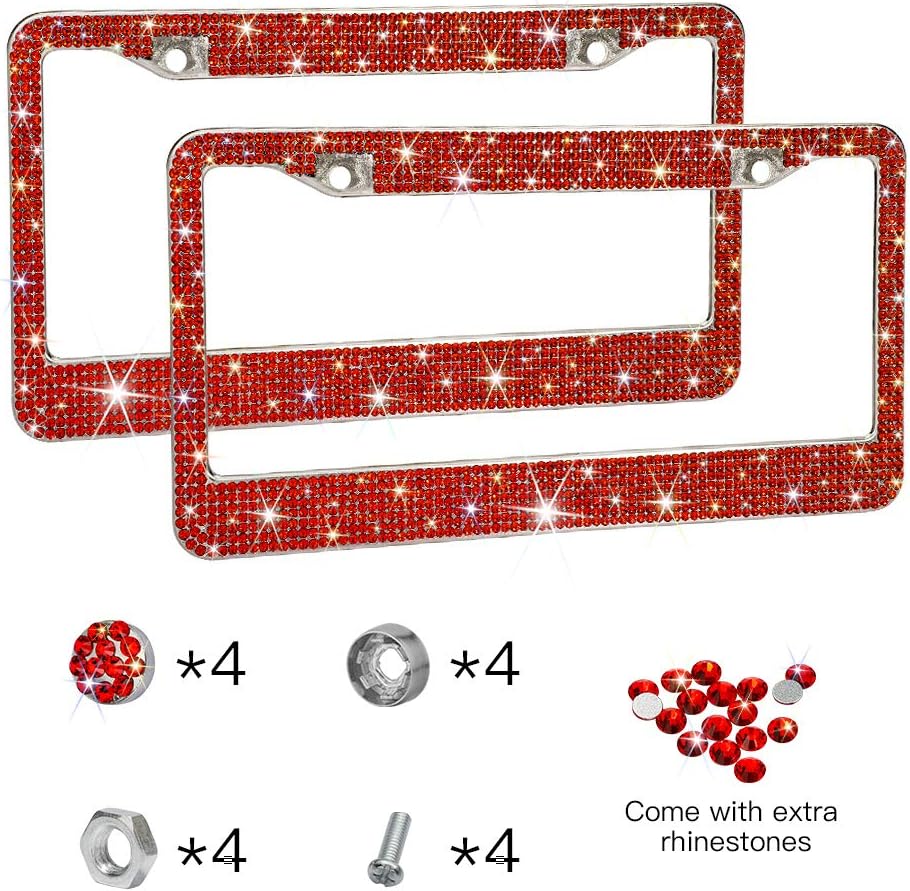 OTOSTAR 2 Pack for Front and Rear License Plate Handcrafted 1000+ pcs Finest 14 Facets SS20 Premium Crystal Waterproof Stainless Steel License Plate Frame Bonus Matching Anti-Theft Screws Caps,Red