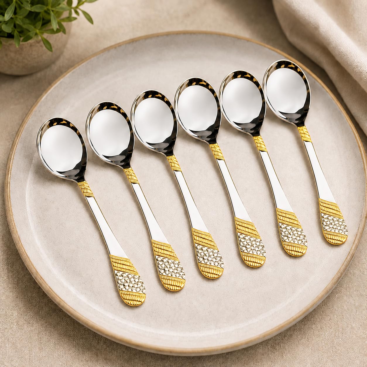 FnS Imperio 6 Pieces Stainless Steel 24k Golden Soup Spoon Set | Premium Mirror Finish Soup Spoons for Home, Kitchen & Dining | Luxury Flatware Cutlery