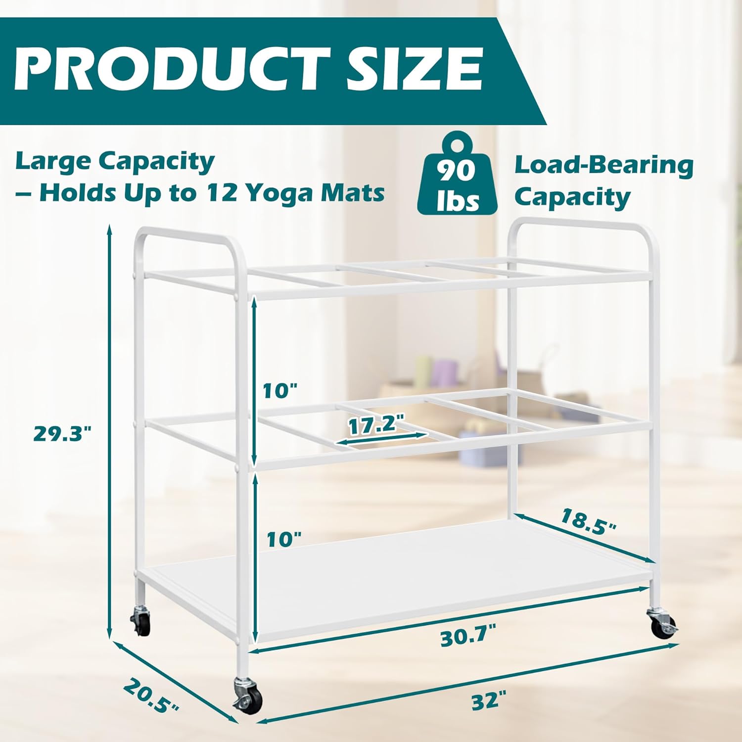 Yoga Mat Rack Storage Basket with Wheels,All-in-One Organizer for Yoga Mat Holder,Home Gym Equipment Storage Cart for Dumbbells, Kettlebells and Foam Rollers