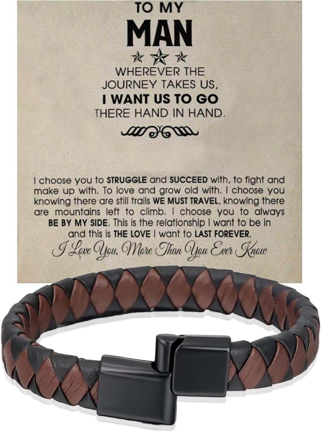 To My Man Bracelet Brown Wrist Rope Adjustable Stainless Steel Leather Braided Bracelets Inspirational Birthday meaningful Gifts for Husband Boyfriend