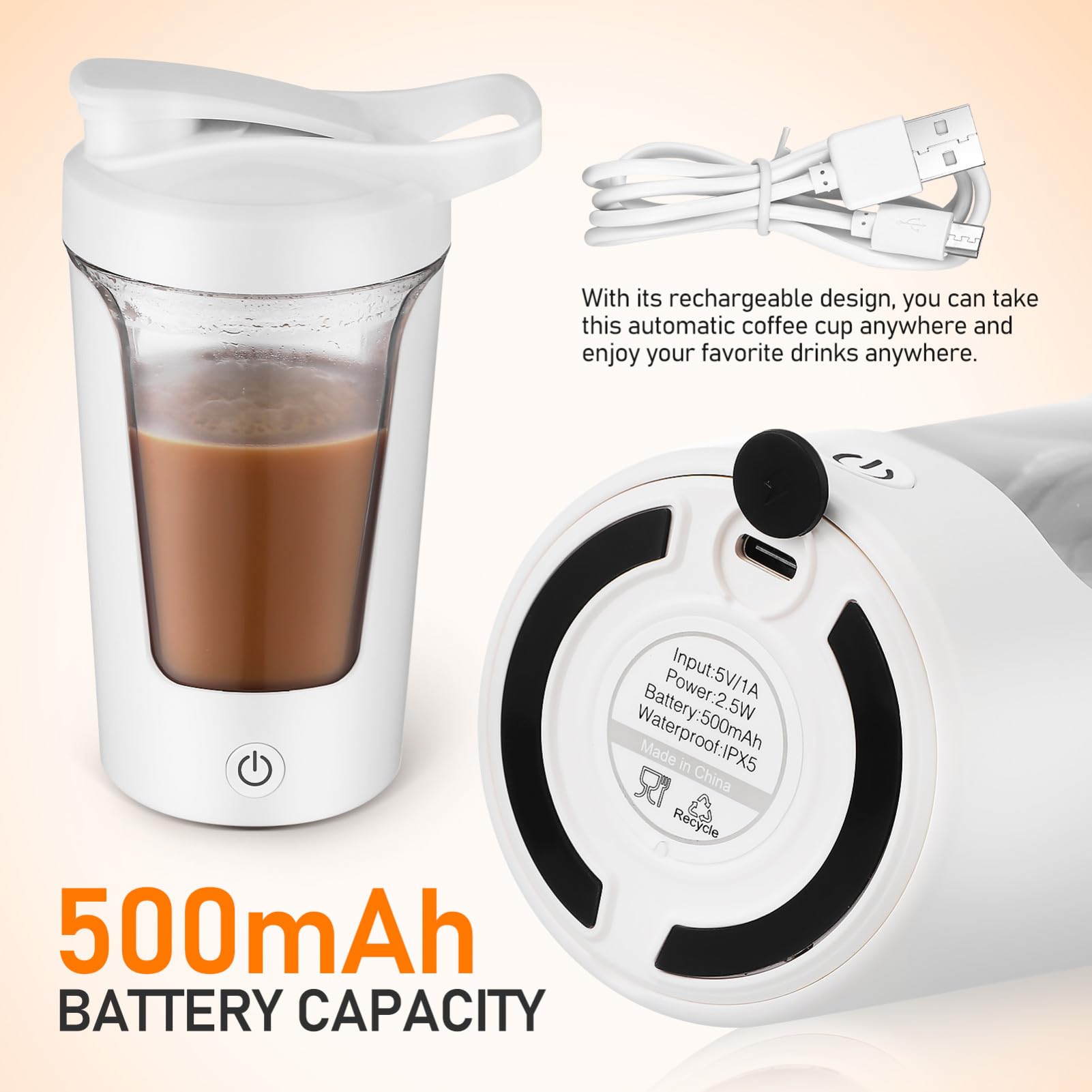 Bouteille Shaker Électrique Rechargeable pour Protéines et Boisson Tasse Mixeur Automatique Portable Agitateur Automatique PP et Abs Préparation Rapide pour Utilisateurs Actifs
