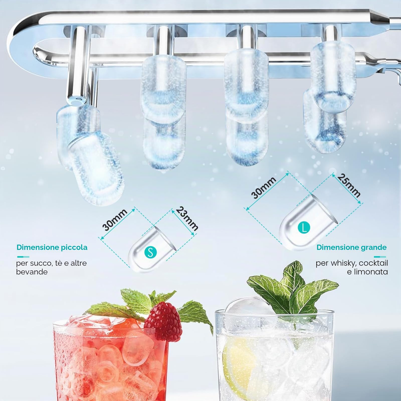 Macchina Ghiaccio, 12 kg/24h, 9 Cubetti di Ghiaccio in 6 Minuti, 2 Dimensioni di Ghiaccio, Silenzioso, Macchina del Ghiaccio con Maniglia, Macchina per il Ghiaccio Autopulente per Cucina/Ufficio/Bar