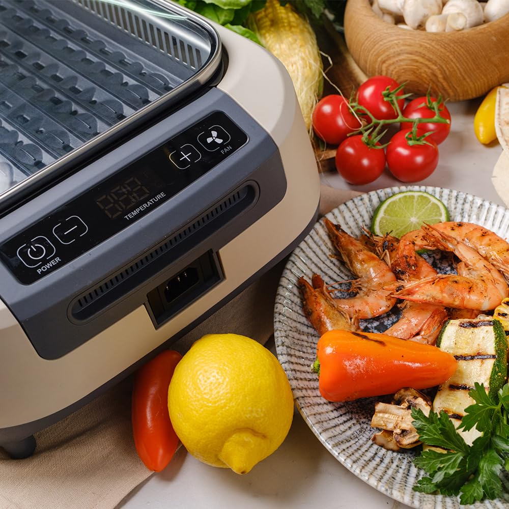 CUSIMAX Smokeless Grill, Korean Grill, 1500W Electric BBQ Grill with Tempered Glass Lid & LED Smart Display, Non-stick Removable Grill Plate, Off-White