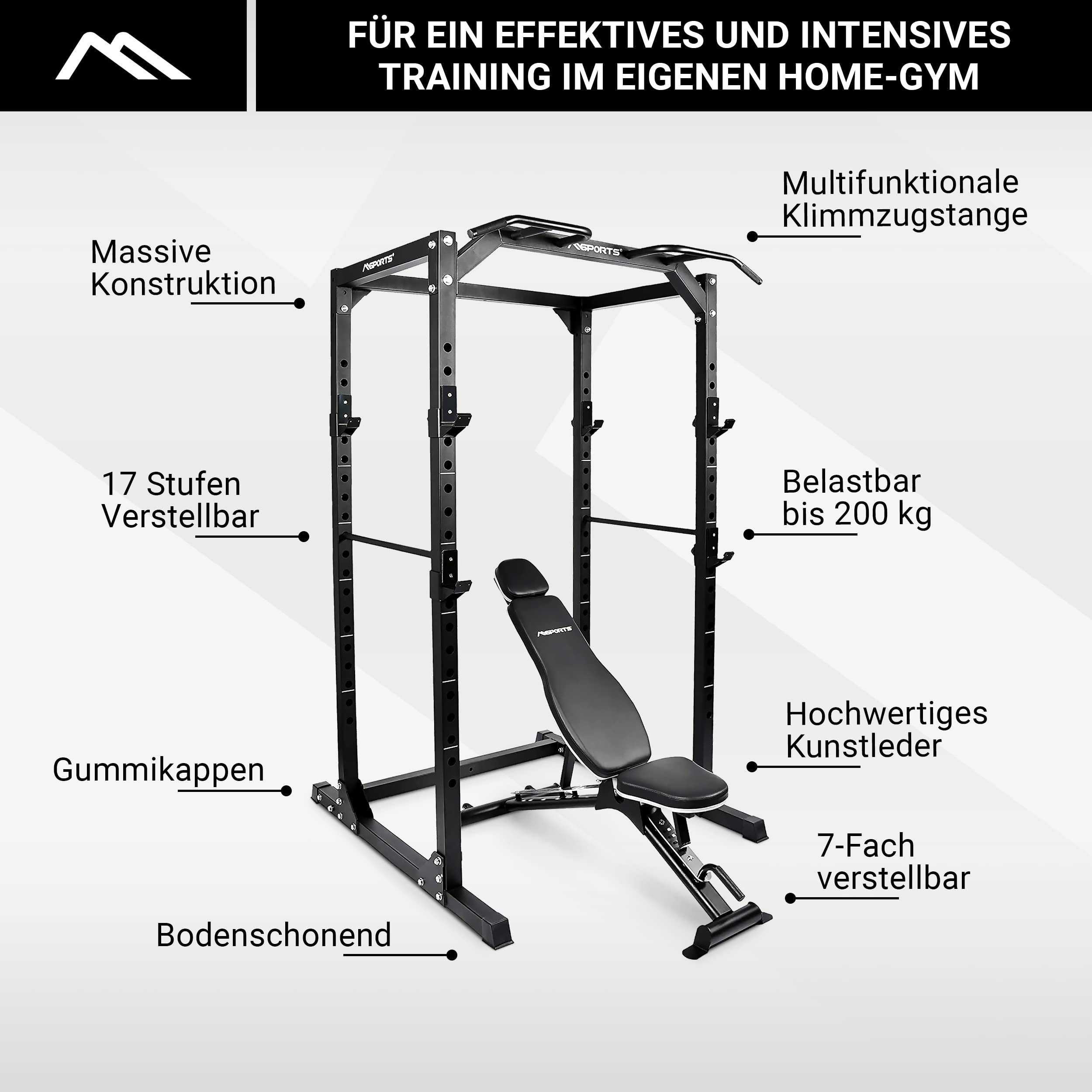 MSPORTS Power Rack Premium Cage H/B/T – 215 x 120 x 140 cm Stazione di potenza fino a 200 kg