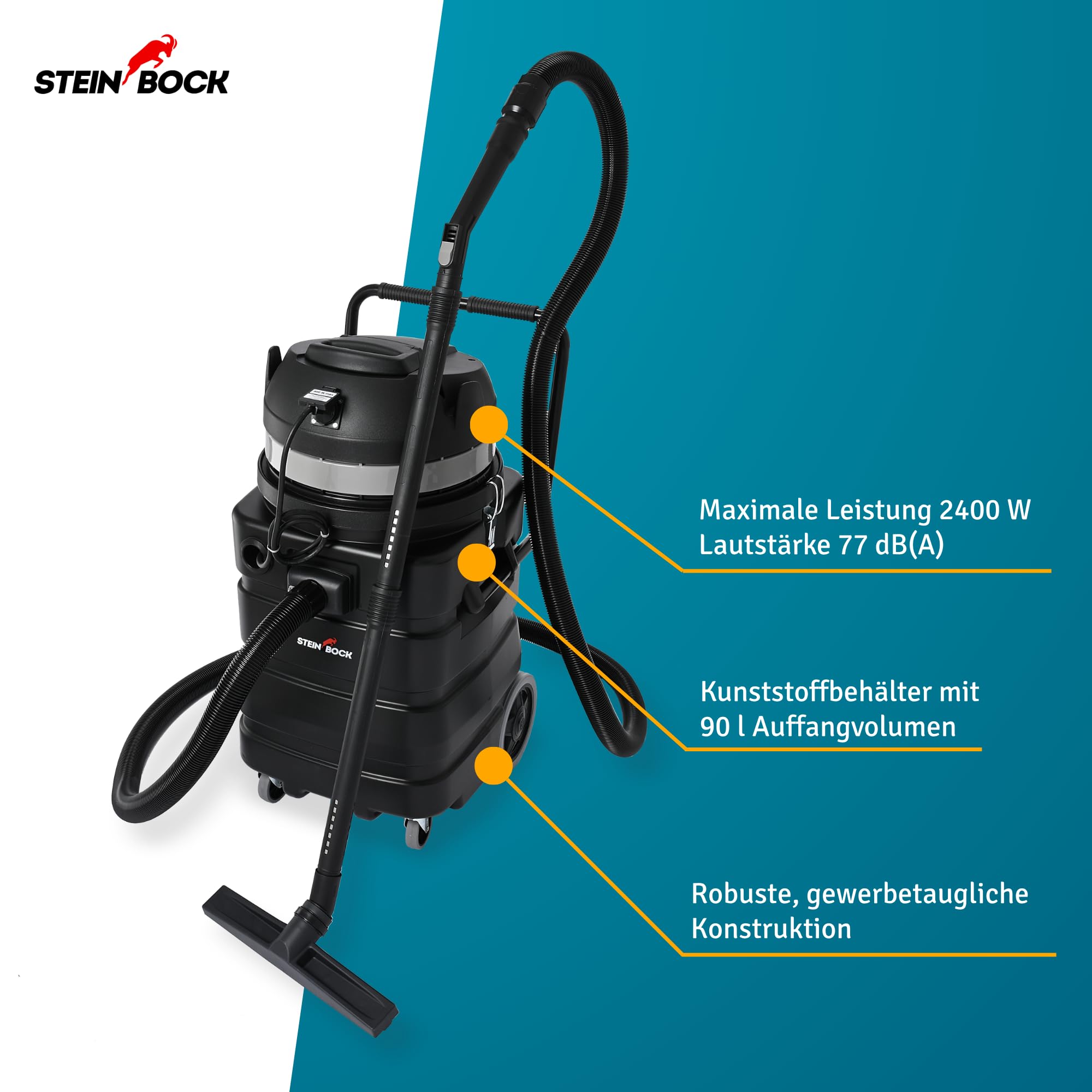 Steinbock Pumpsauger | 2.400 Watt | 90 l Kunststoffbehälter | Nasssauger mit integrierter Tauchpumpe für effizientes Abpumpen | Wasserdurchfluss-Ventil | Durchgehende Flüssigkeitsaufnahme und -abfuhr