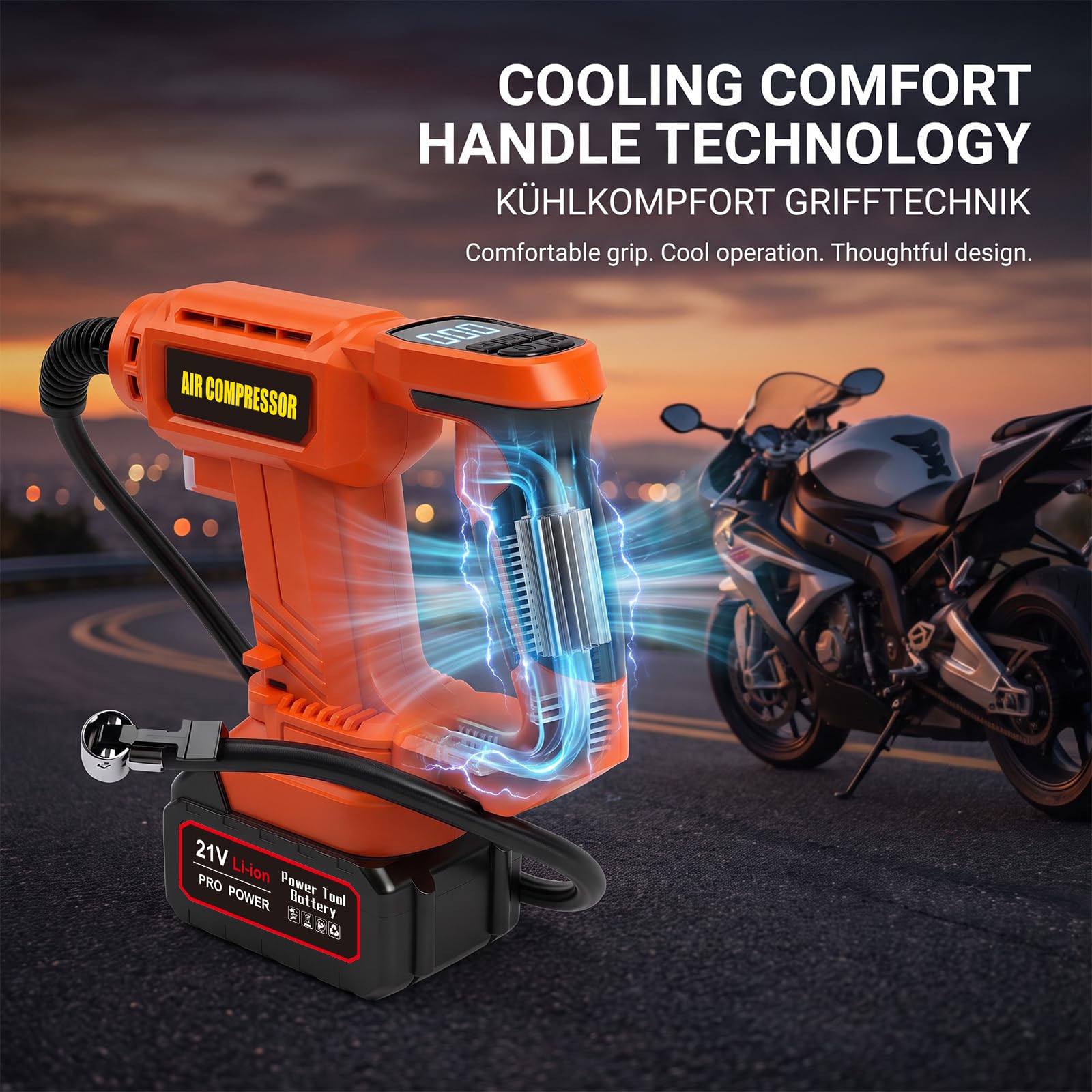 Kabelloser Auto-Luftkompressor, Luftkompressor mit Li-Ionen-Akku, Autoreifen-Pumpe mit LED-Licht für Autos, Motorräder, Fahrräder Sportbälle