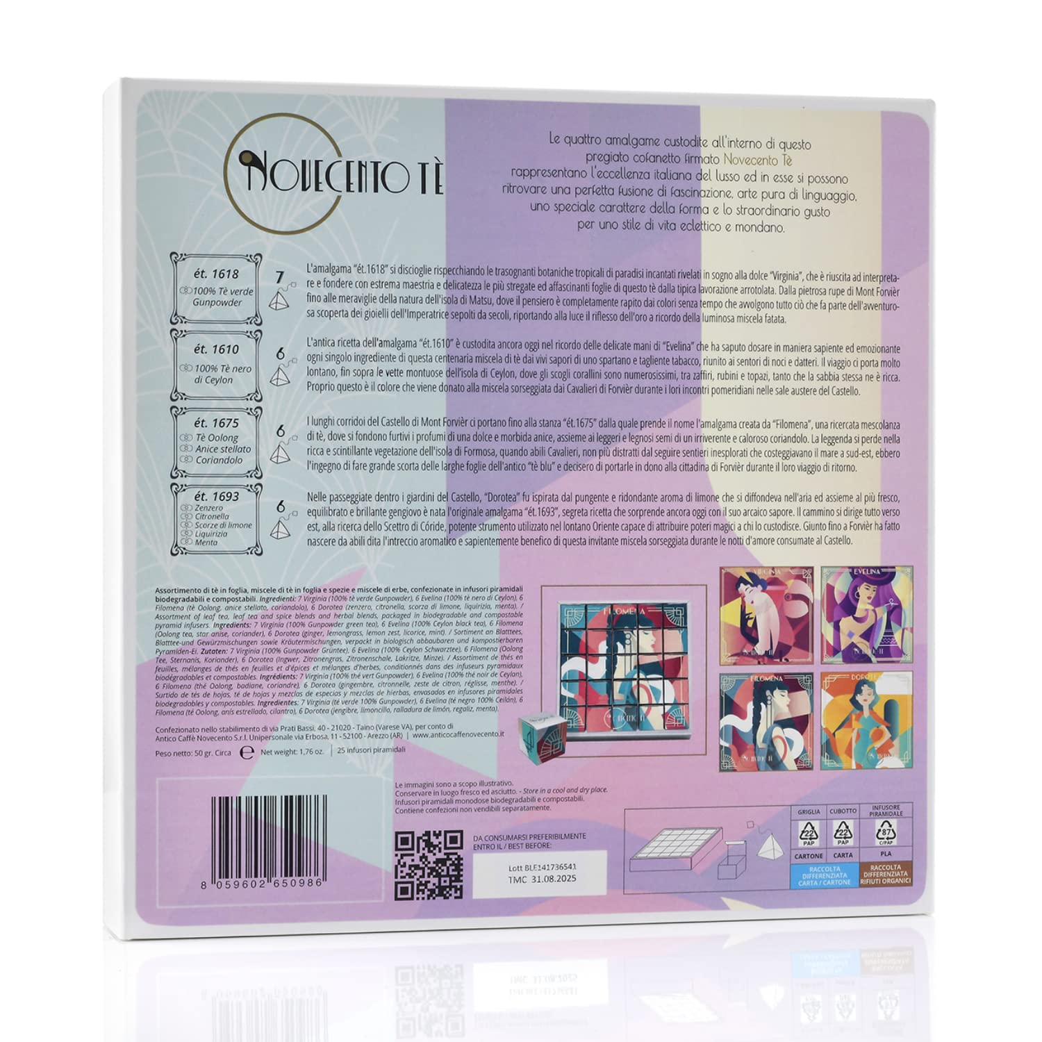 Novecento Tè Evelina - Confezione regalo per tisane, tisane assortite, 4 gusti: tè nero, tè oolong, tè verde, infuso di citronella, 25 infusi per infusione, confezione regalo per tè