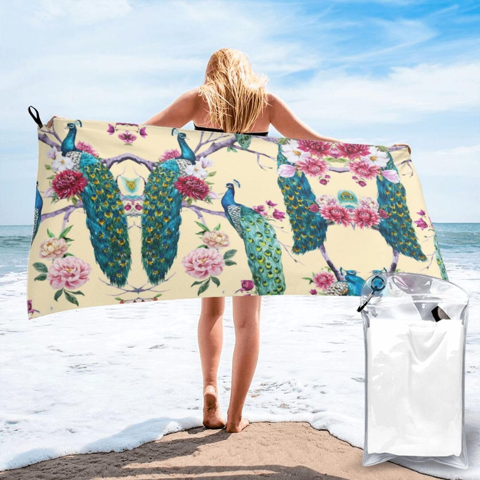 Serviette de bain motif paon 80x160 cm pour voyage et plage