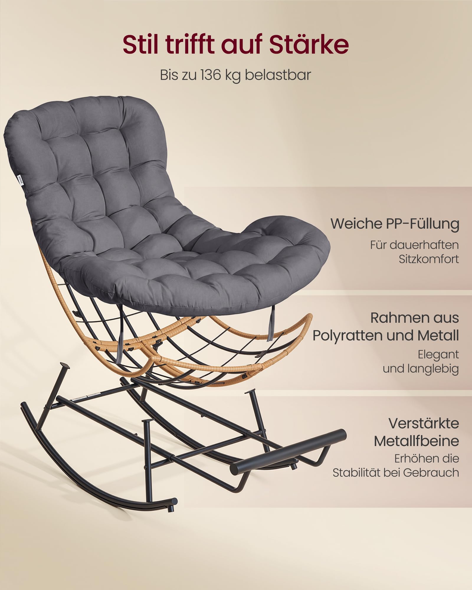 VASAGLE Schaukelstuhl, Schaukelsessel, Relaxsessel, Stahlgestell, ausziehbare Fußstütze, abnehmbares Kissen, bis 136 kg belastbar, Schlaf-, Wohnzimmer, Terrasse, Garten, grau LYY062GZ01