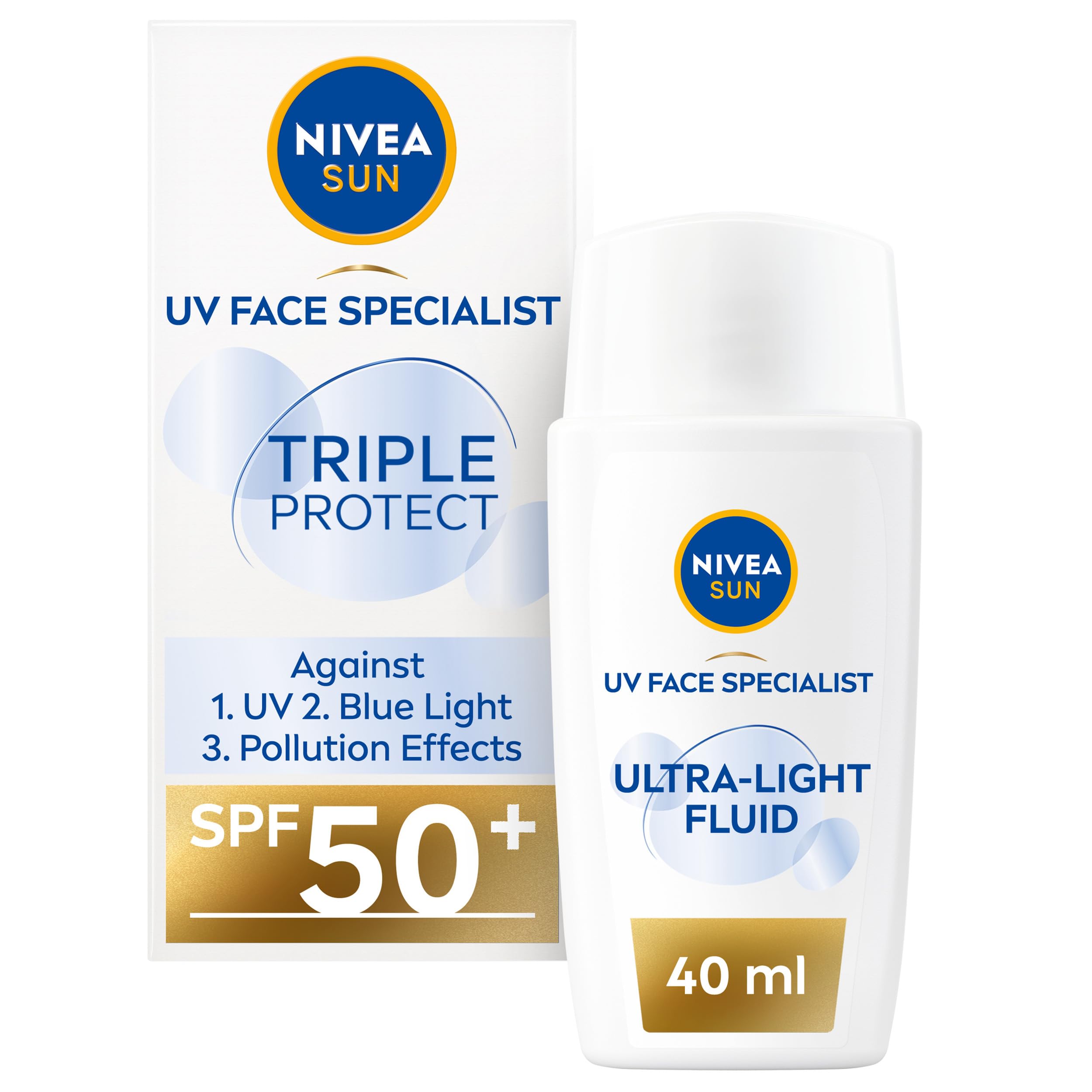 NIVEA SUN Triple Protect Light Sun Fluid SPF50+ (40ml), Face Sun Cream SPF50 with Hyaluron, Protects Against UV