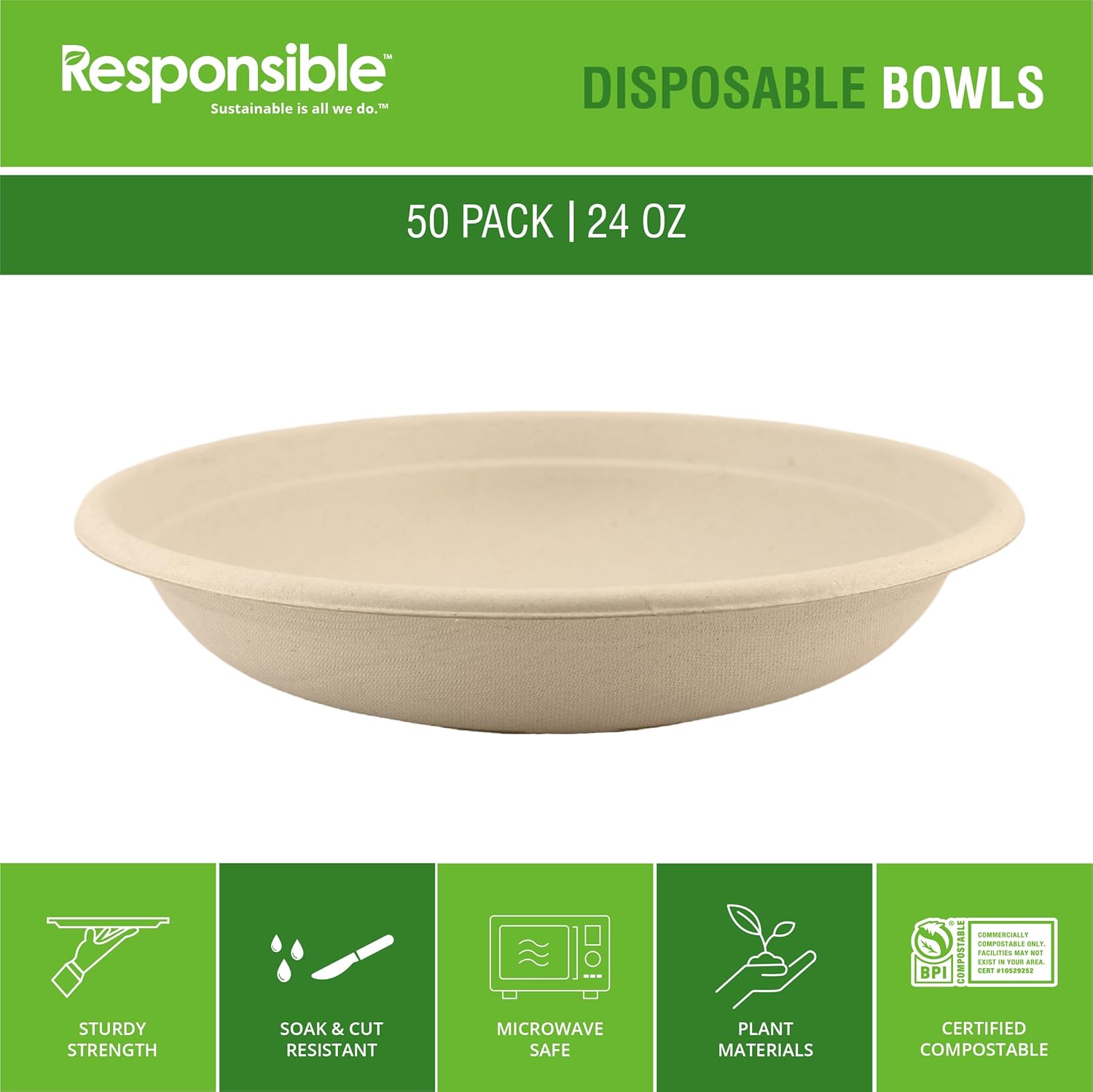 Responsible Products bowls are eco-friendly, Disposable Paper Bowls 24oz For Hot Soup (50 Count),Heavy Duty Paper Dinner Bowls, Dessert Bowls, Made from Sugarcane ＆ Bamboo Fibers