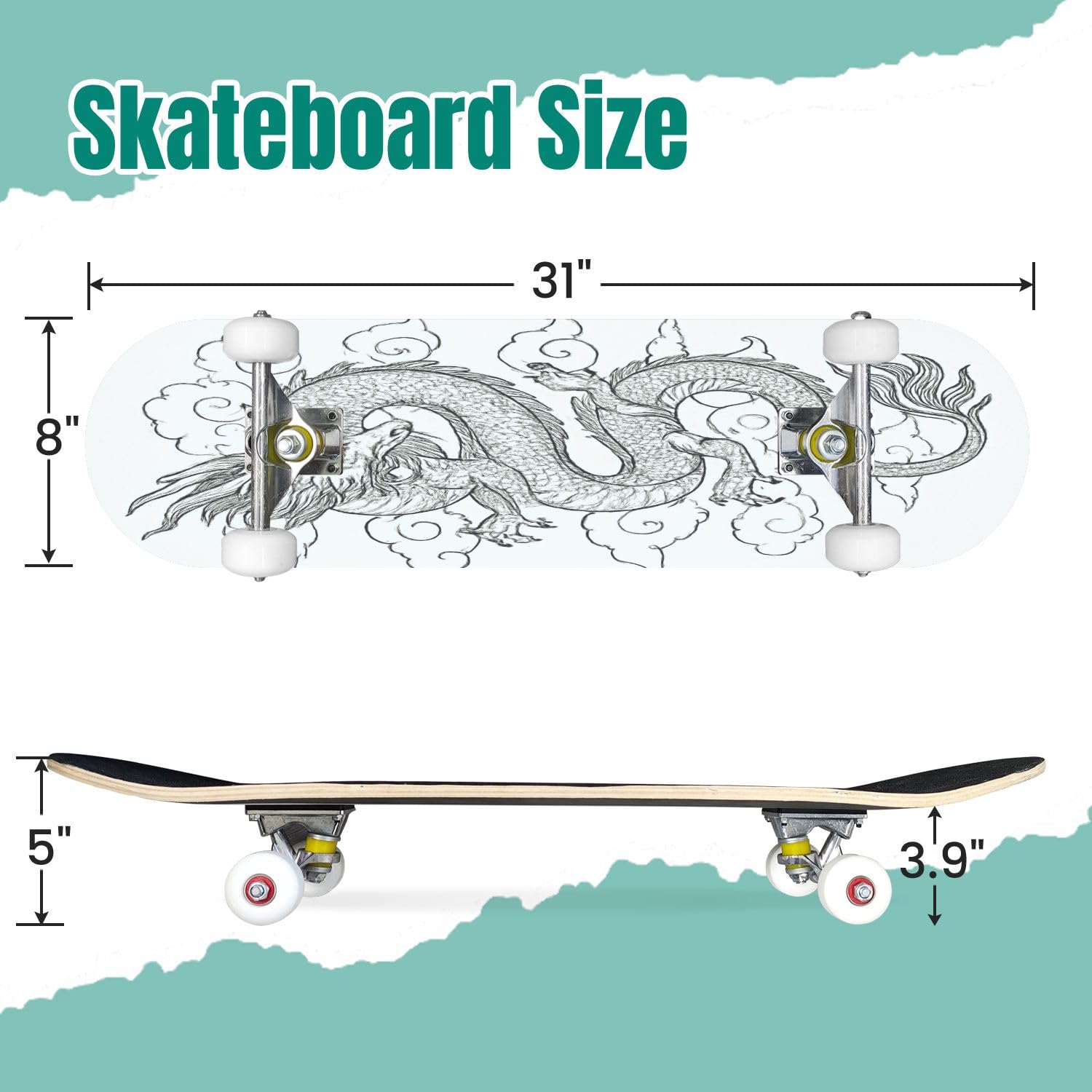 Skateboards Chinese Dragon Clouds Hand Drawn Tattoo Print Hand Drawn Sketch for 7 Layer Maple Wood Deck 31