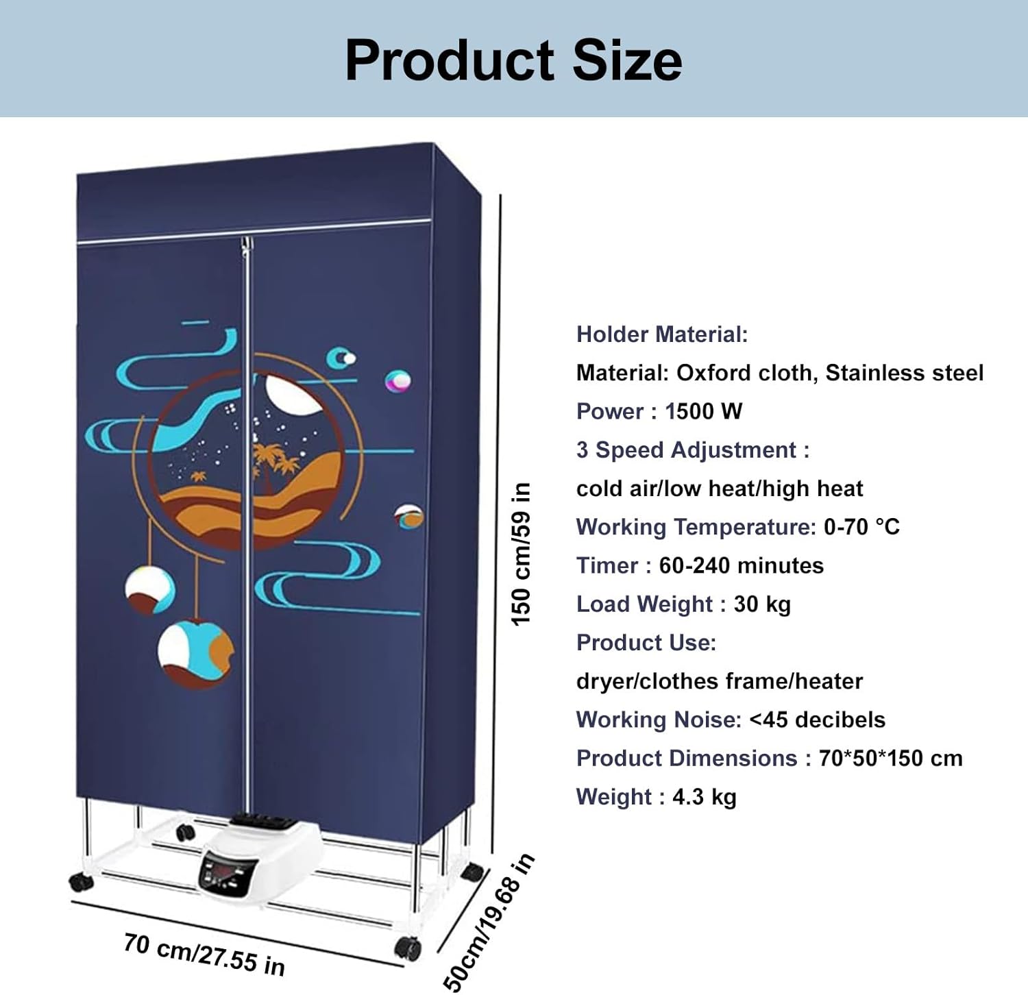 1500 W Automatic Vertical Clothes Dryer, with 4 H Drying Timer, 360° Heat Flow Circulation Heating, 3-Speed Temperature Adjustment, for Apartments, Dormitories