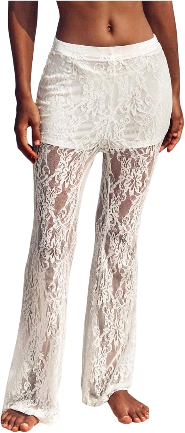 Women's Floral Lace Sheer Mesh Flare Pants Elastic High Waisted Long Trousers