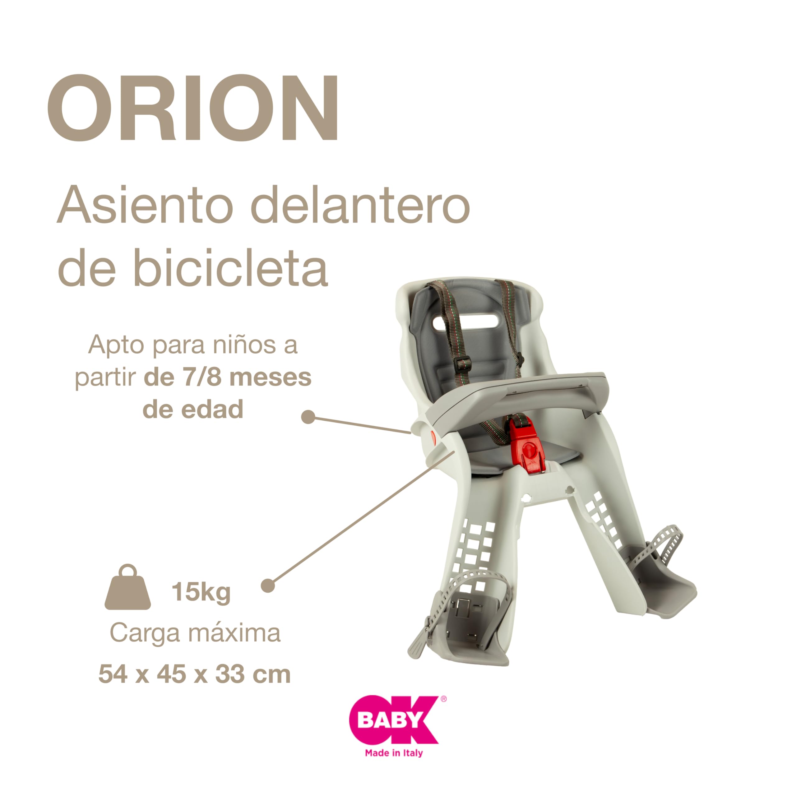 OKBABY Orion - Asiento delantero de bicicleta para niños- Sujeción en la barra de dirección - para bebés de 7/8 meses (15 kg)
