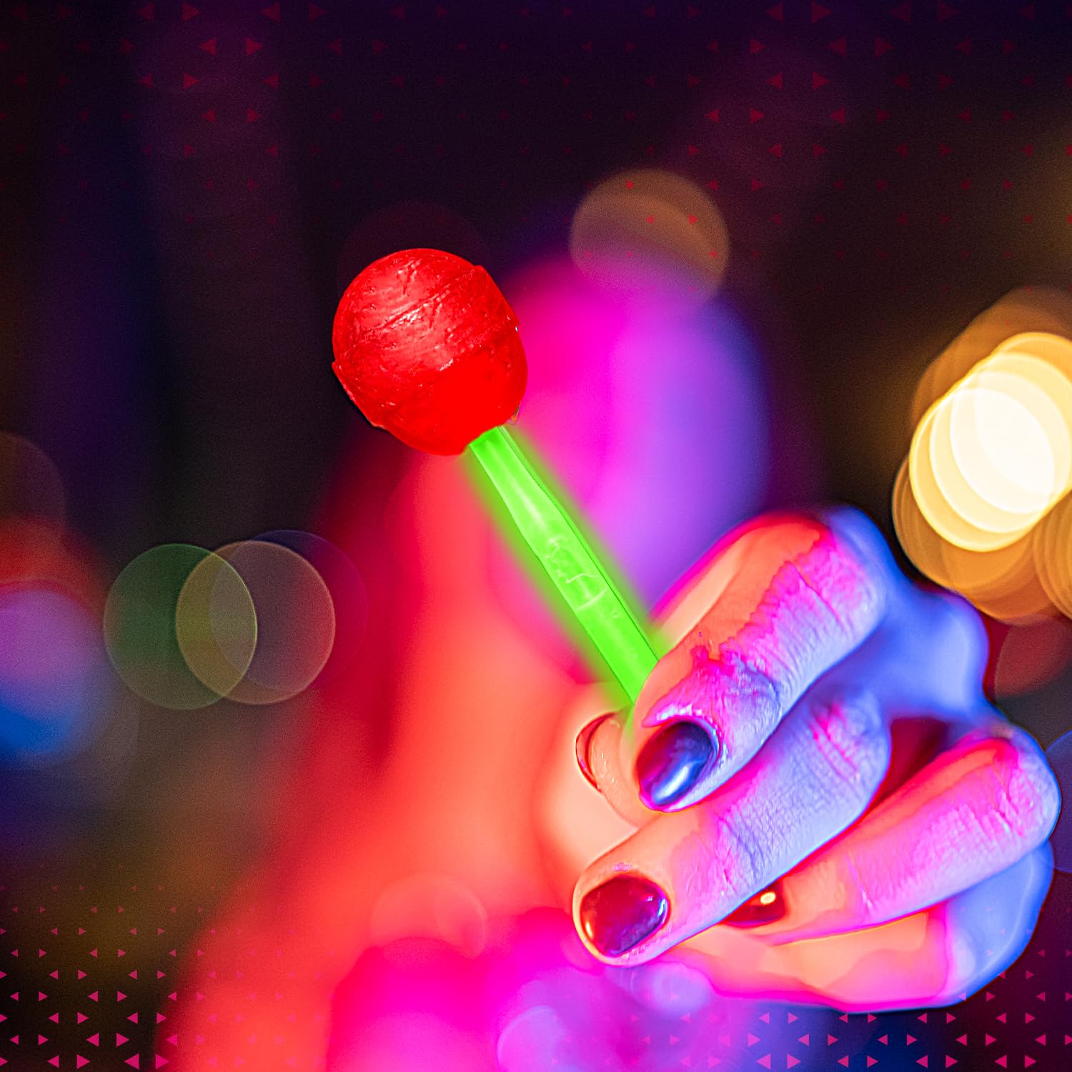 Piruletas Neón – Pack 24 | Piruleta luminosa con palo fluorescente que se activa al doblarlo | Sabores Manzana, Cereza y Mora | Ideal para fiestas, bodas, discotecas y eventos
