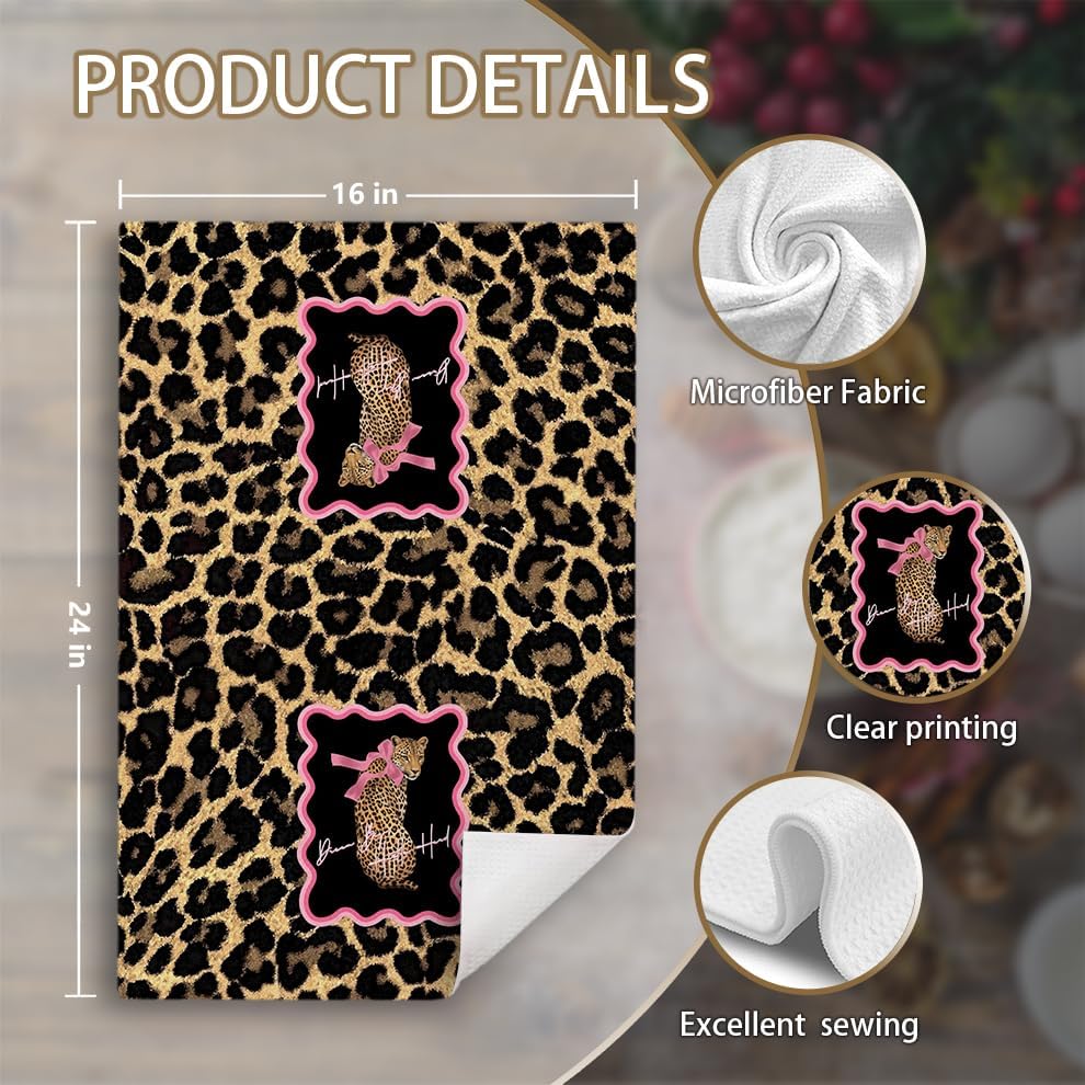 Coquette Pink Bow Leopard Print Kitchen Hand Towels Set of 2 image 4