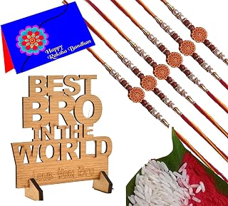 Multicolor Combo of 6 Om Rakhi Set for Men with Wooden Showpiecs Best Bro in The Wolrd also Greeting Card and Roli Chawal
