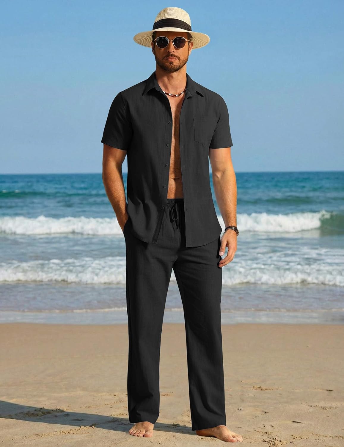 COOFANDY Men's 2 Piece Linen Beach Outfits Short Sleeve Button Down Shirts Loose Pants For Men - Image 3