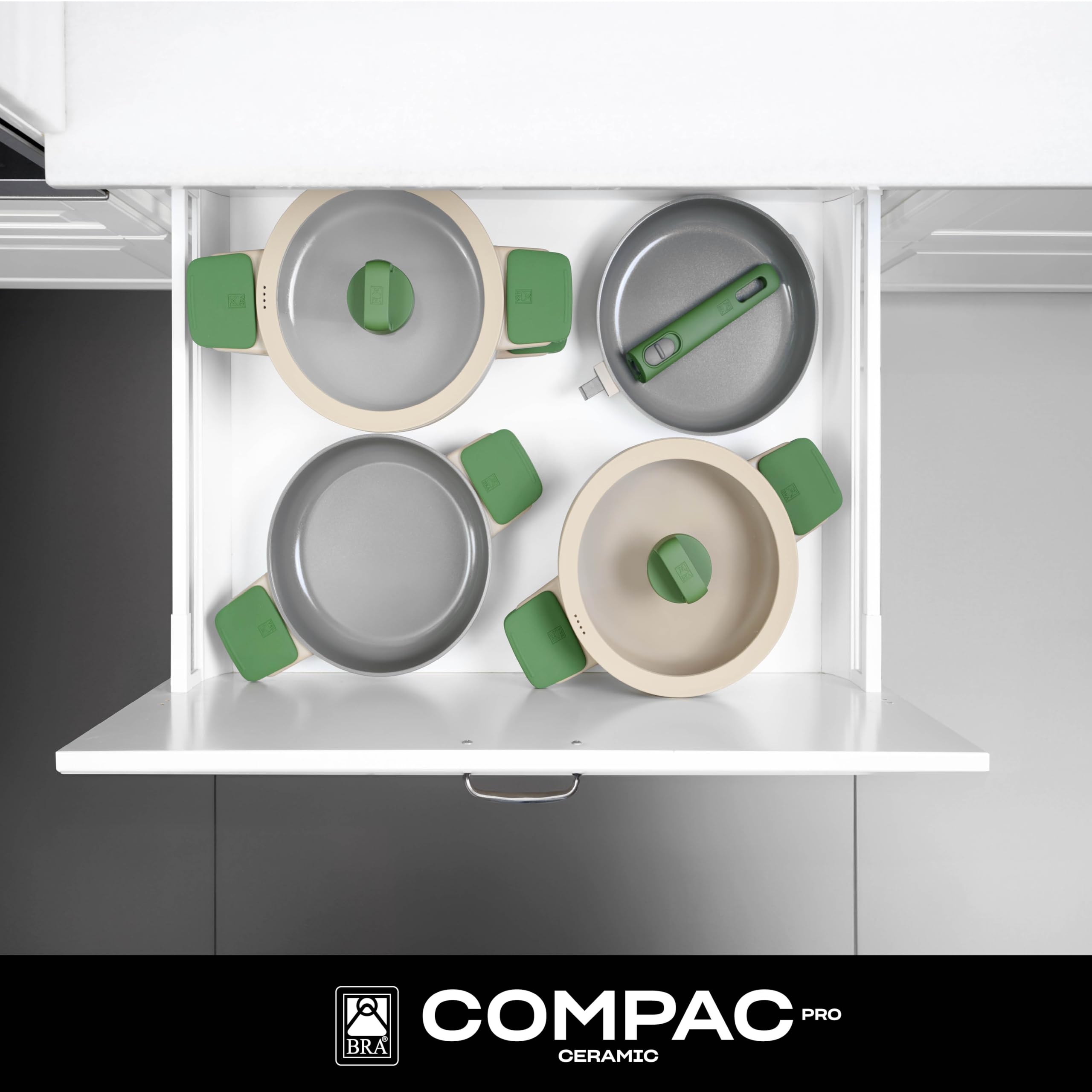 BRA Compac Pro Ceramic | Batterie de cuisine empilable 5 pièces | Tous Feux Dont Induction, Revêtement Antiadhésif Céramique