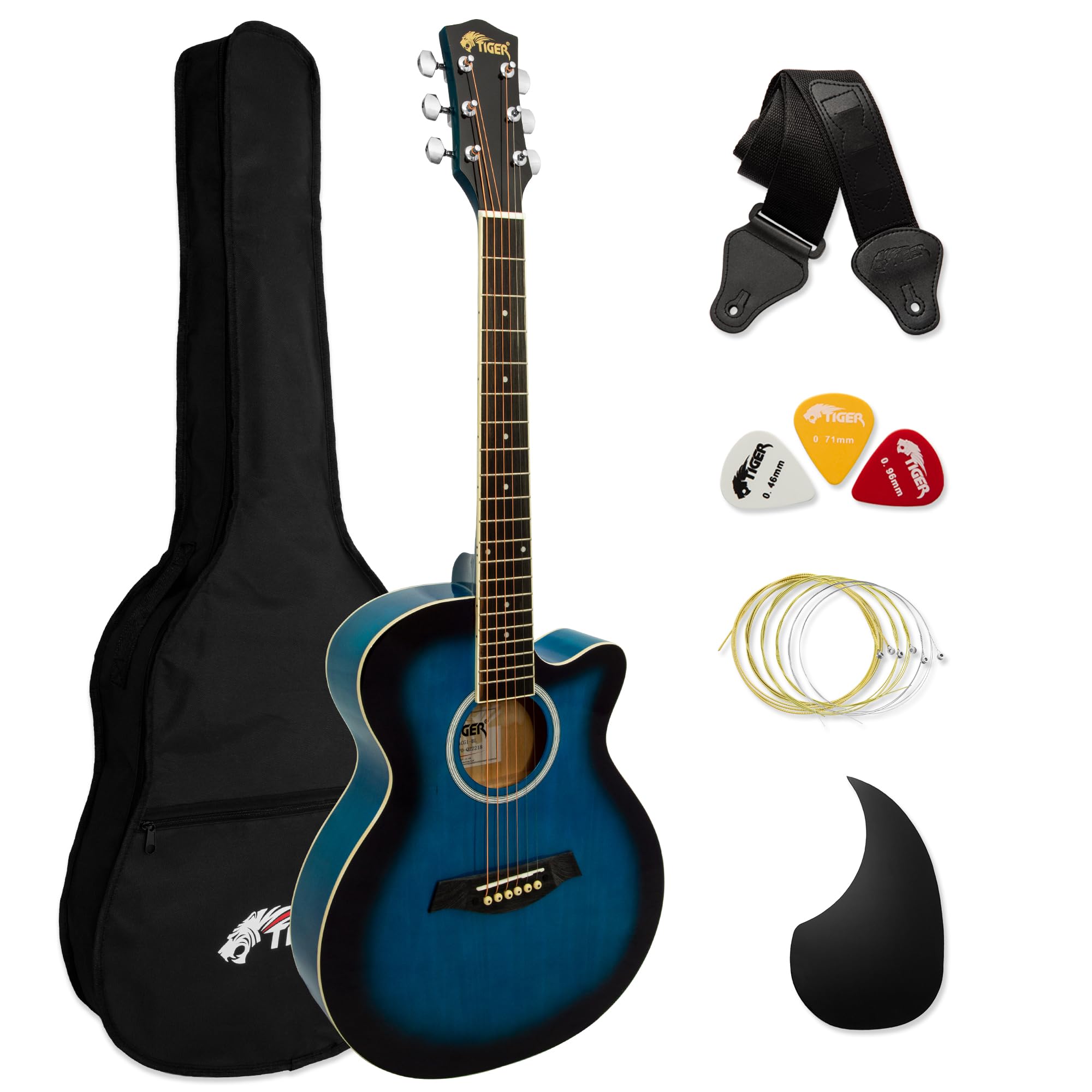 Tiger Mała Gitara Akustyczna Full Size dla Początkujących - Niebieska | Pełnowymiarowa gitara z kompaktowym korpusem, idealna dla początkujących i nowych gitarzystów