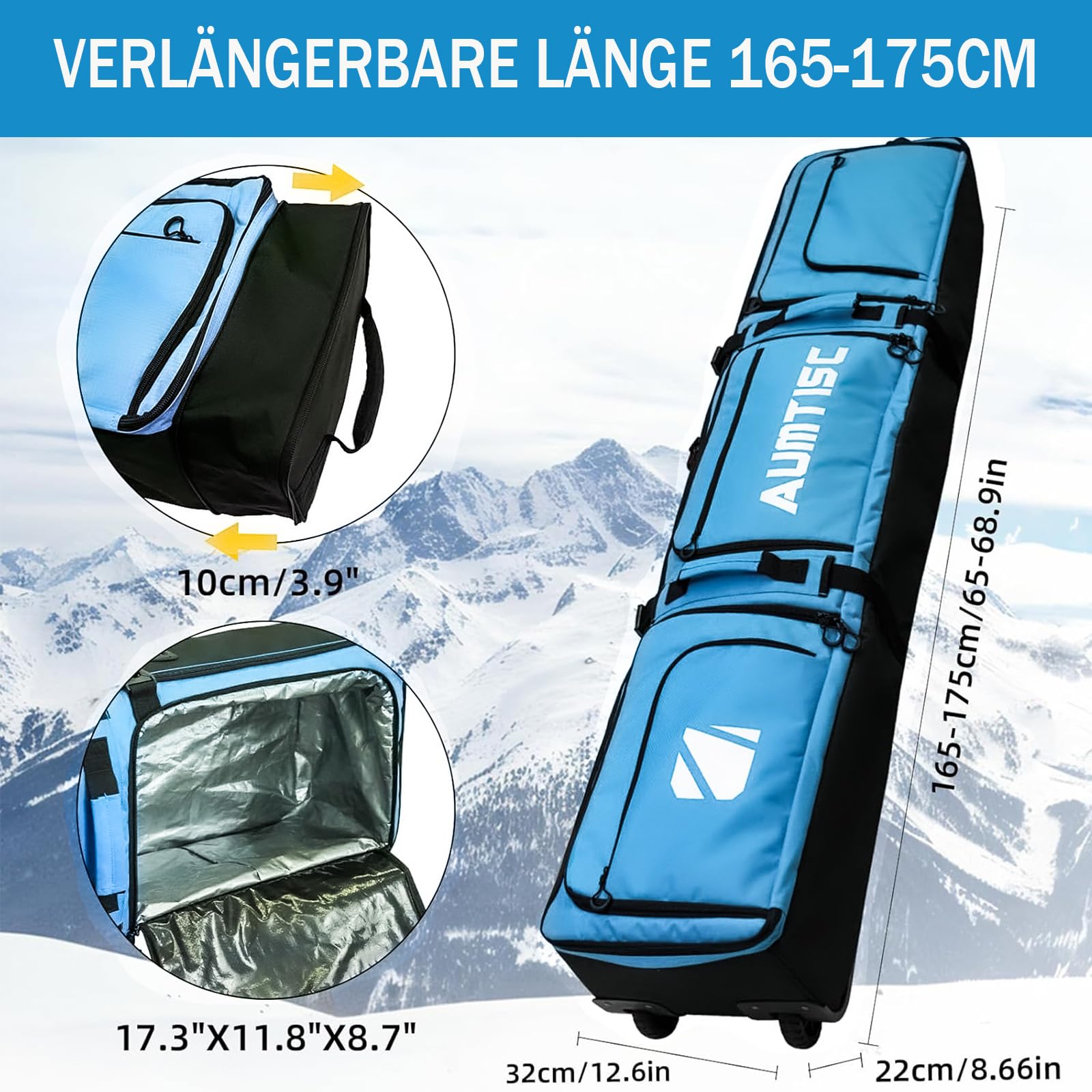 AUMTISC Borsa da snowboard con ruote, borsa da sci imbottita per viaggi aerei, adatta per sci fino a 200 cm