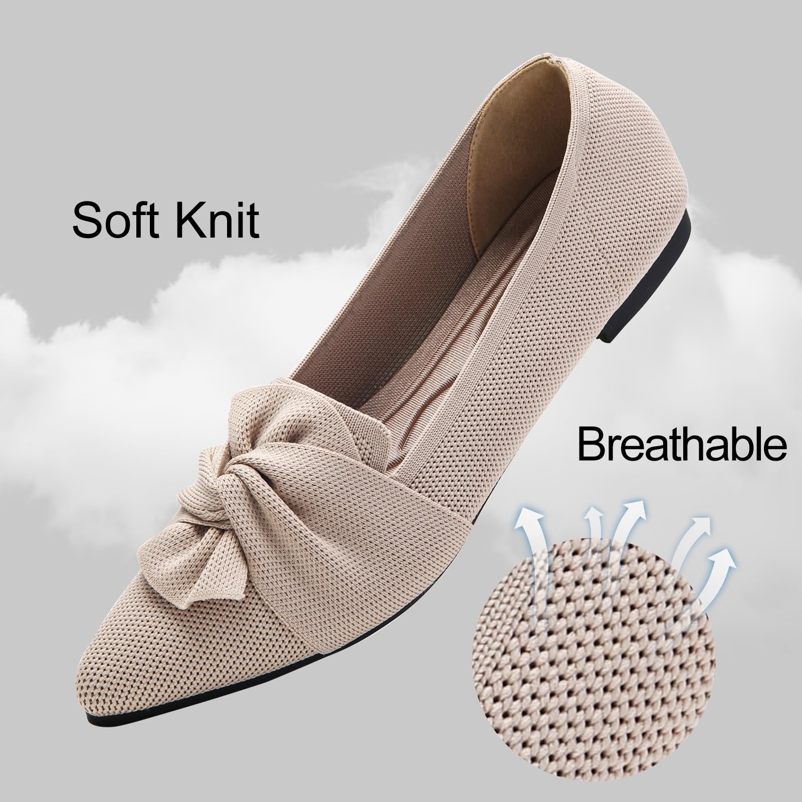 Flats for Womens Pointed Toe Ballet Flats with Bow Comfortable Knit Dressy Flats