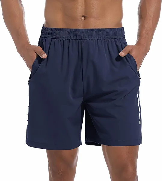 Lissmith Men's Athletic Gym Shorts with 3 Zipper Pockets 7" Lightweight Quick Dry Workout Running Shorts