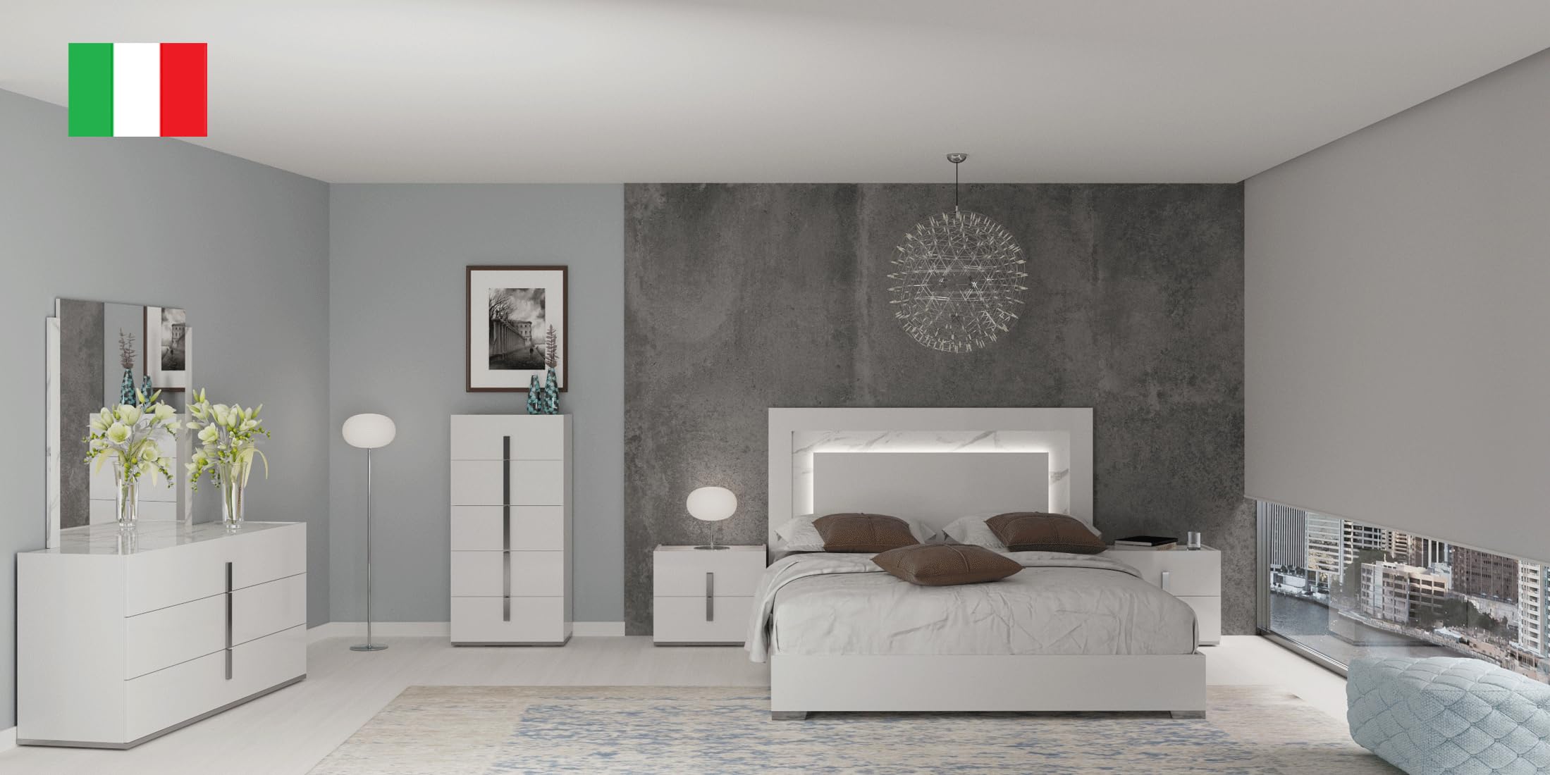 Carrara White 6 Pcs Bedroom Set Including King Size Bed, Double Dresser, Mirror, Chest and 2 Nightstand w/Light in White, Grey/Silver, Marble by ESF