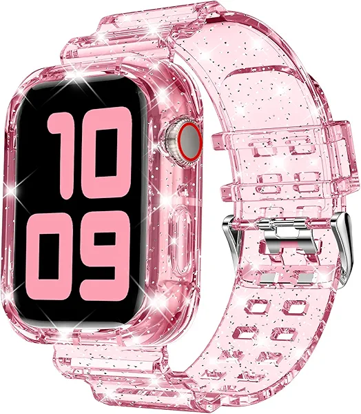 DABAOZA Compatible for Clear Apple Watch Band with Bumper Case 49mm 46mm 45mm 44mm 42mm 41mm 40mm 38mm, Women Men Glitter Bling TPU Sport Strap for iWatch SE Ultra 3 2 Series 11 10 9 8 7 6 5 4 3 2 1