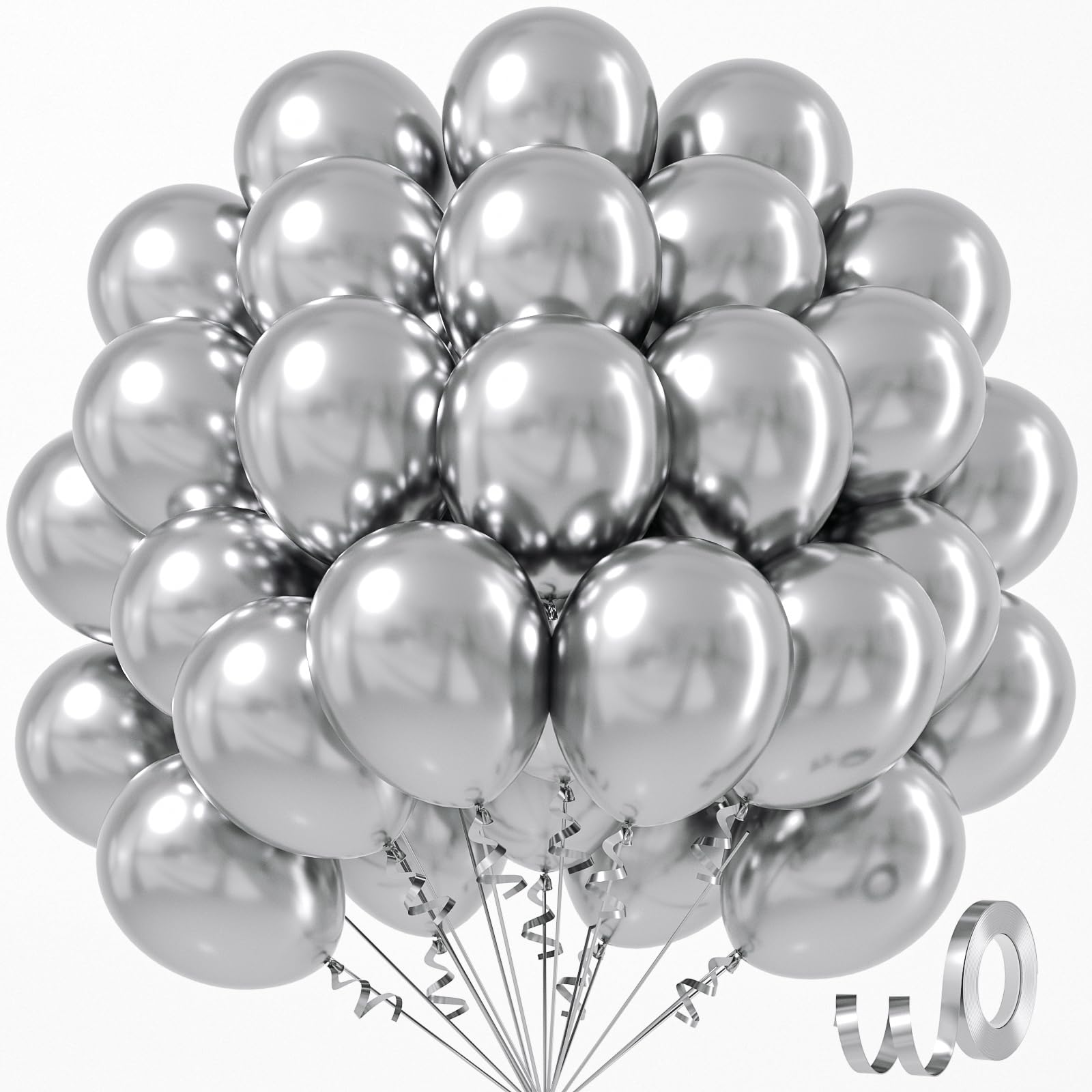 Awenztech Metallic Silver Balloons 12 inch, Chrome Silver Latex Balloons 50pcs Party Balloons for Graduation Wedding Baby Shower Disco Birthday Party