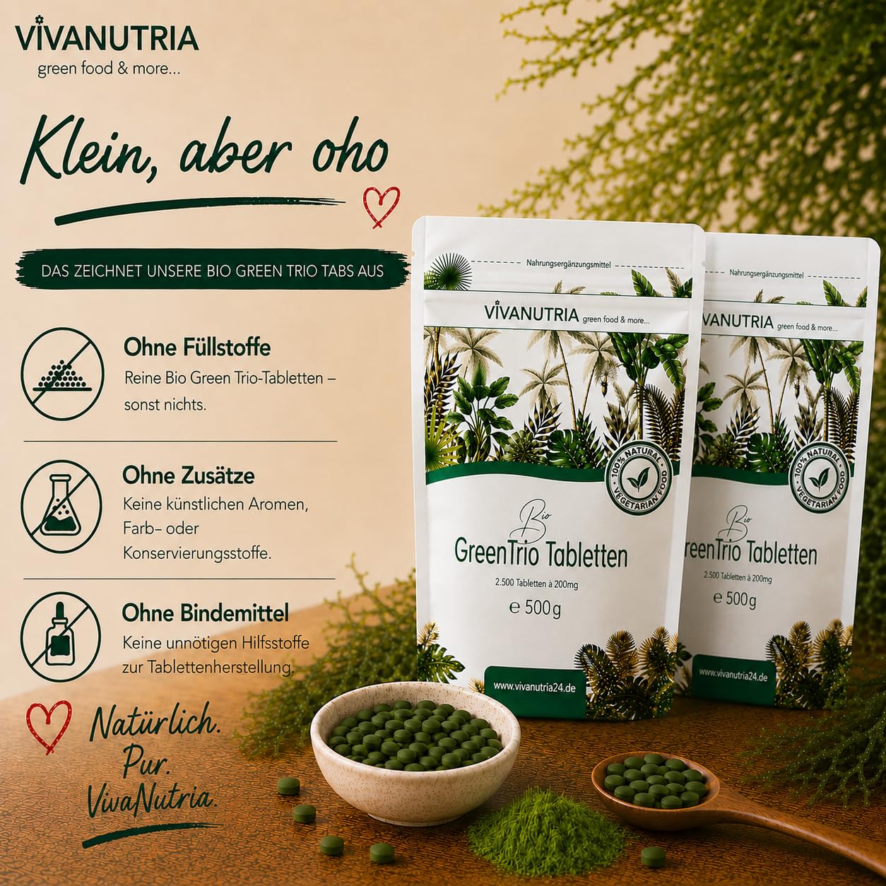 VivaNutria Bio Green Trio Presslinge 1000g | aus kontrolliert biologischem Anbau I 5000 Tabletten aus Spirulina Chlorella & Gerstengras I ohne Zusätze I Rohkostqualität I vegan