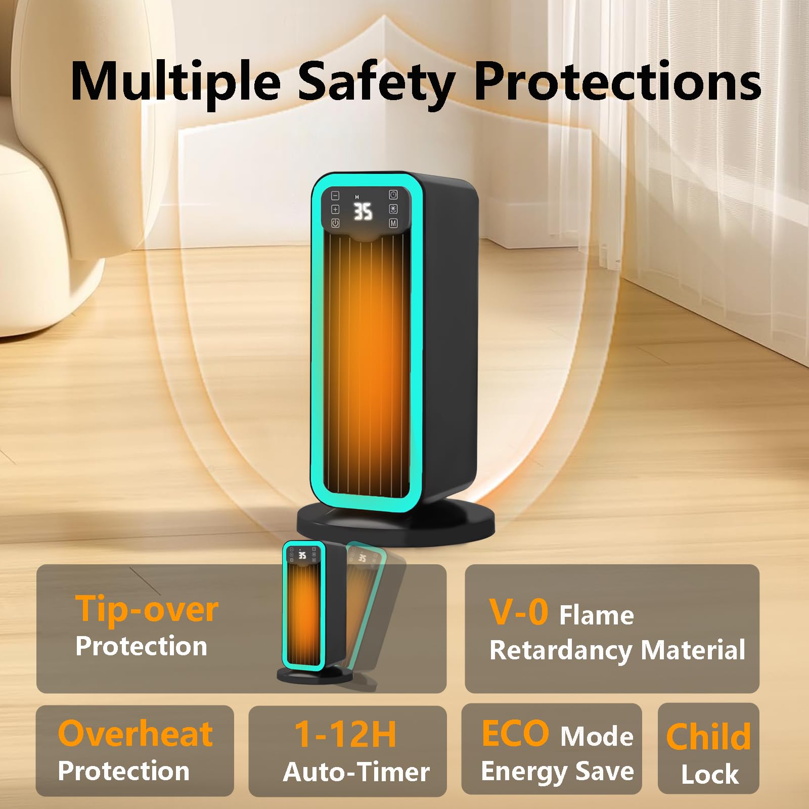 Calefactor Bajo Consumo, 1500W PTC Ceramico Radiador Electrico Portátil con Termostato, Remoto, Oscilación 70°, Temporizador 12H, Protección Contra Sobrecalentamiento y Vuelco, Dormitorio