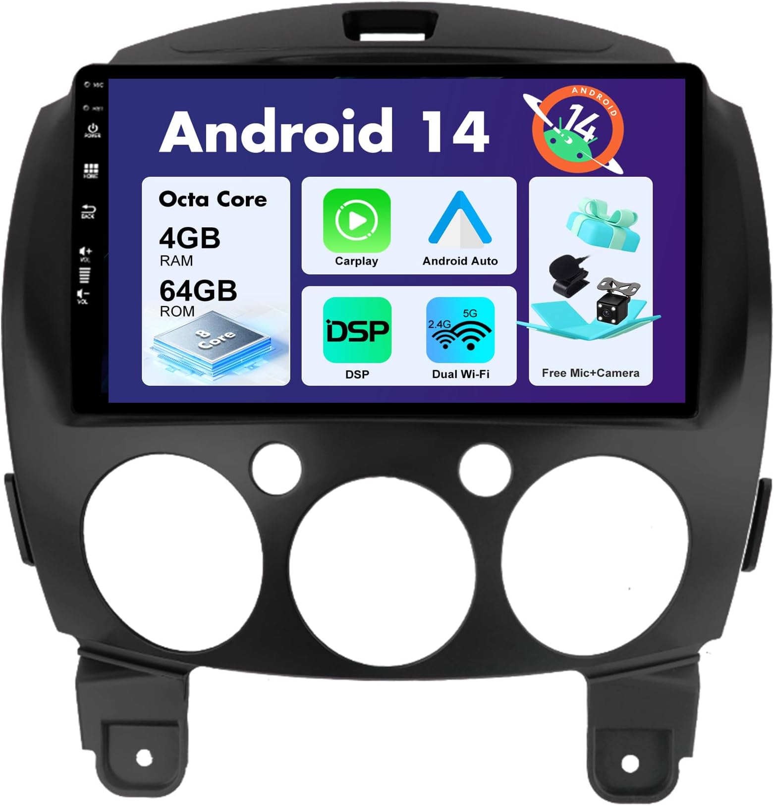 Android 13 IPS Car Radio for Mazda 2 (2007-2012) – [4G+64G] – Wireless Carplay & Android Car – LED Camera + MIC – DSP DAB Fast-Boot BT5.0 4G Steering Wheel WiFi 360-Camera – 2 Din 9 Inches