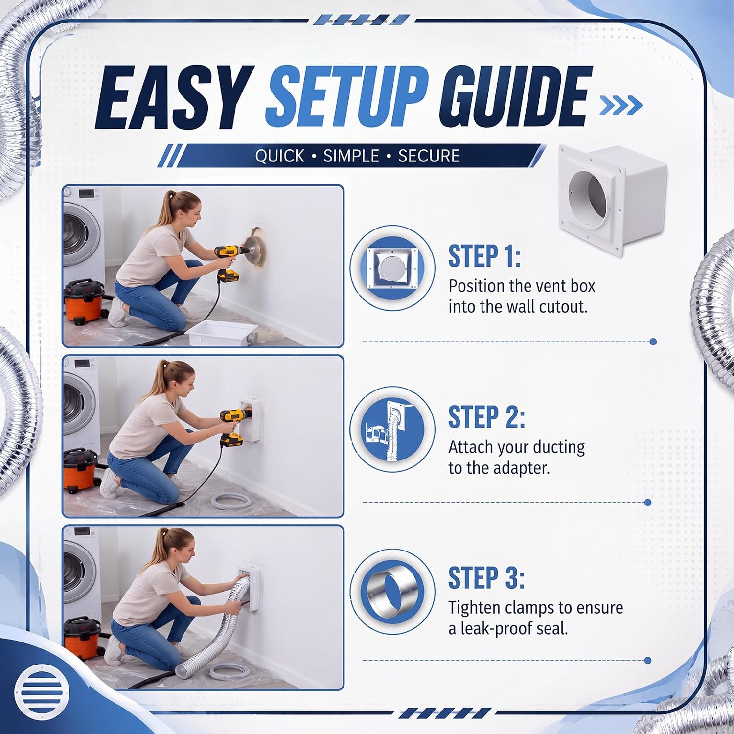 1 Set Recessed Dryer Venting Box for Space-saving Installation